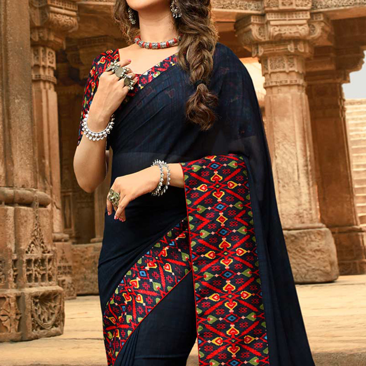 Blue Printed Georgette Saree With Lace Border