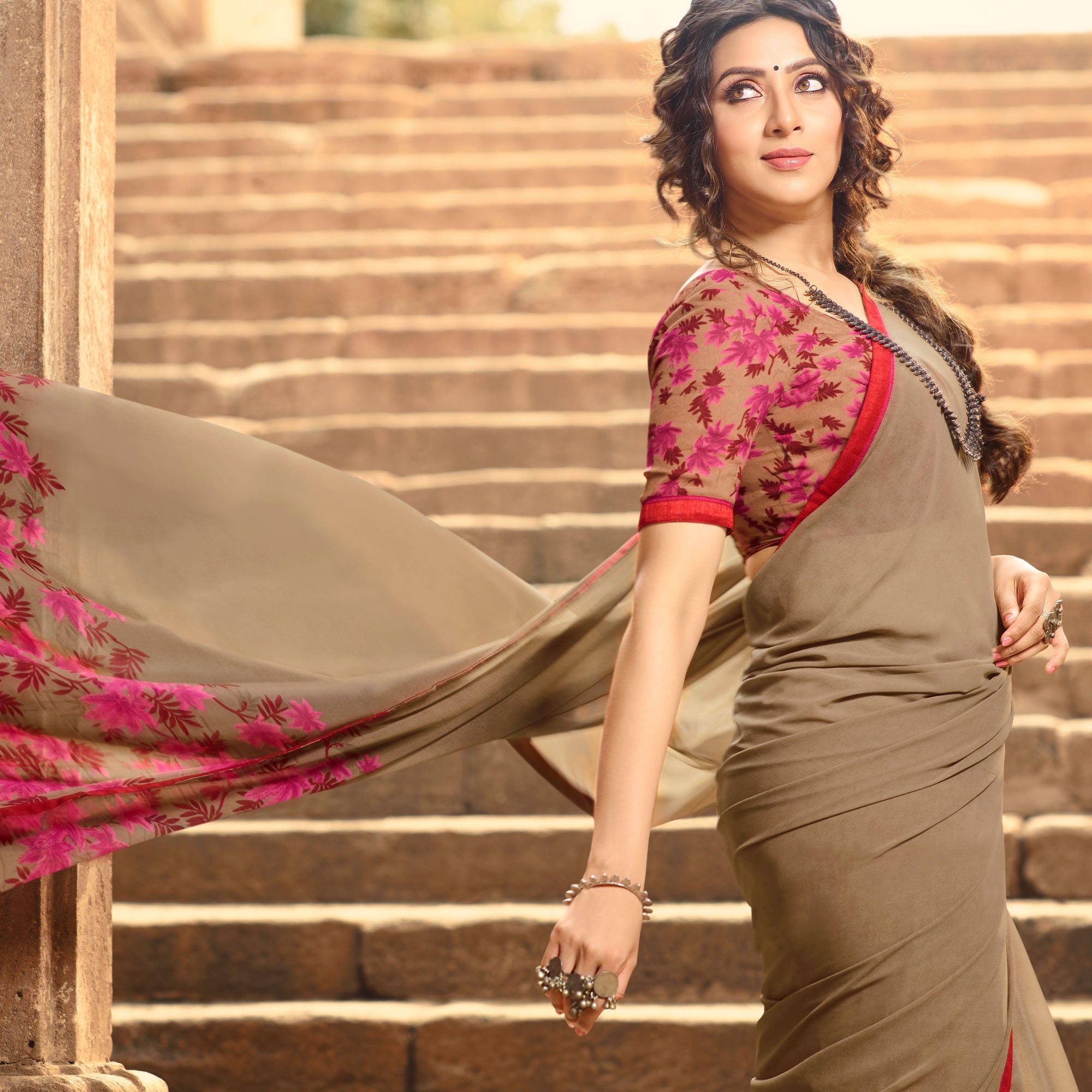 Brown Printed Georgette Saree With Lace Border