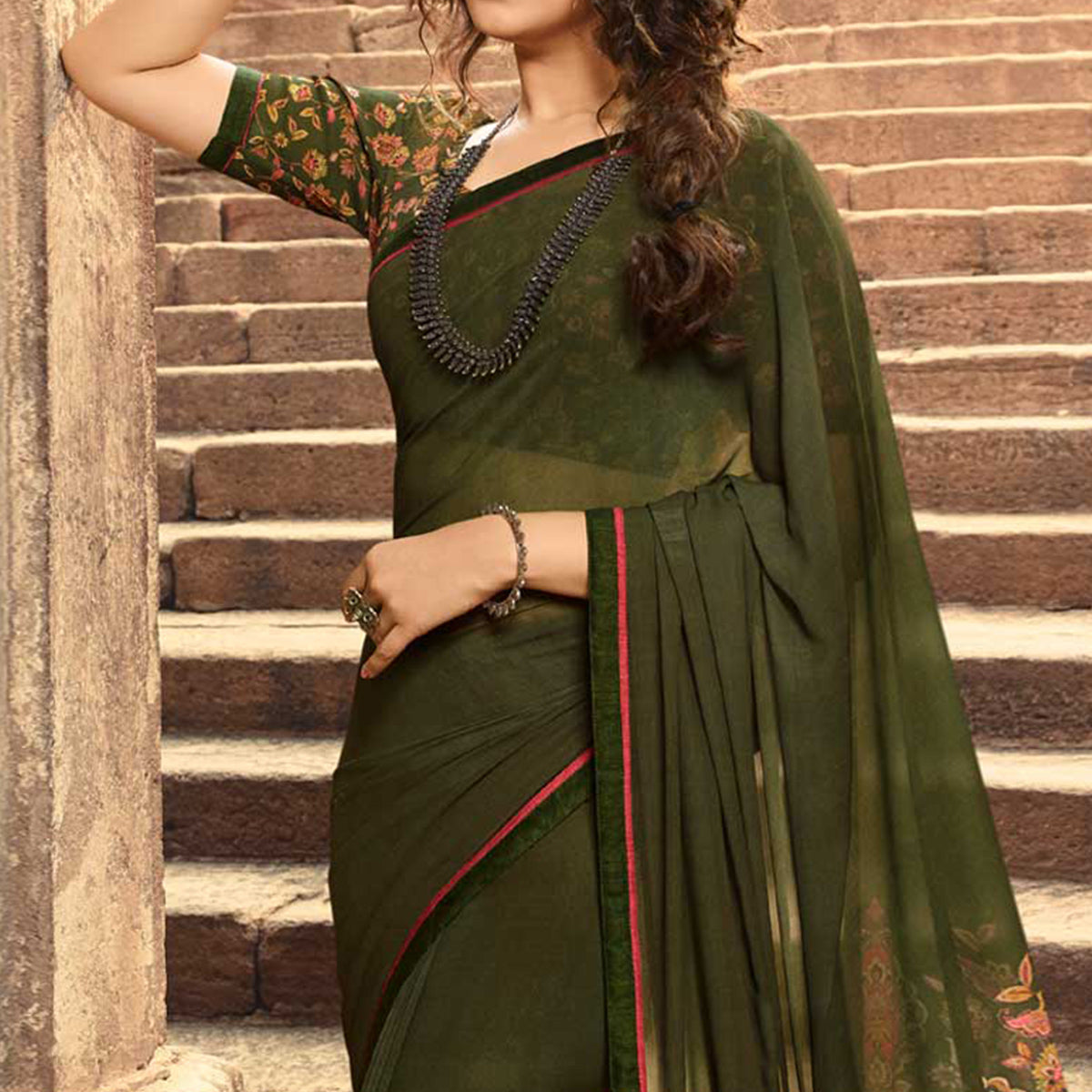 Green Printed Georgette Saree With Lace Border