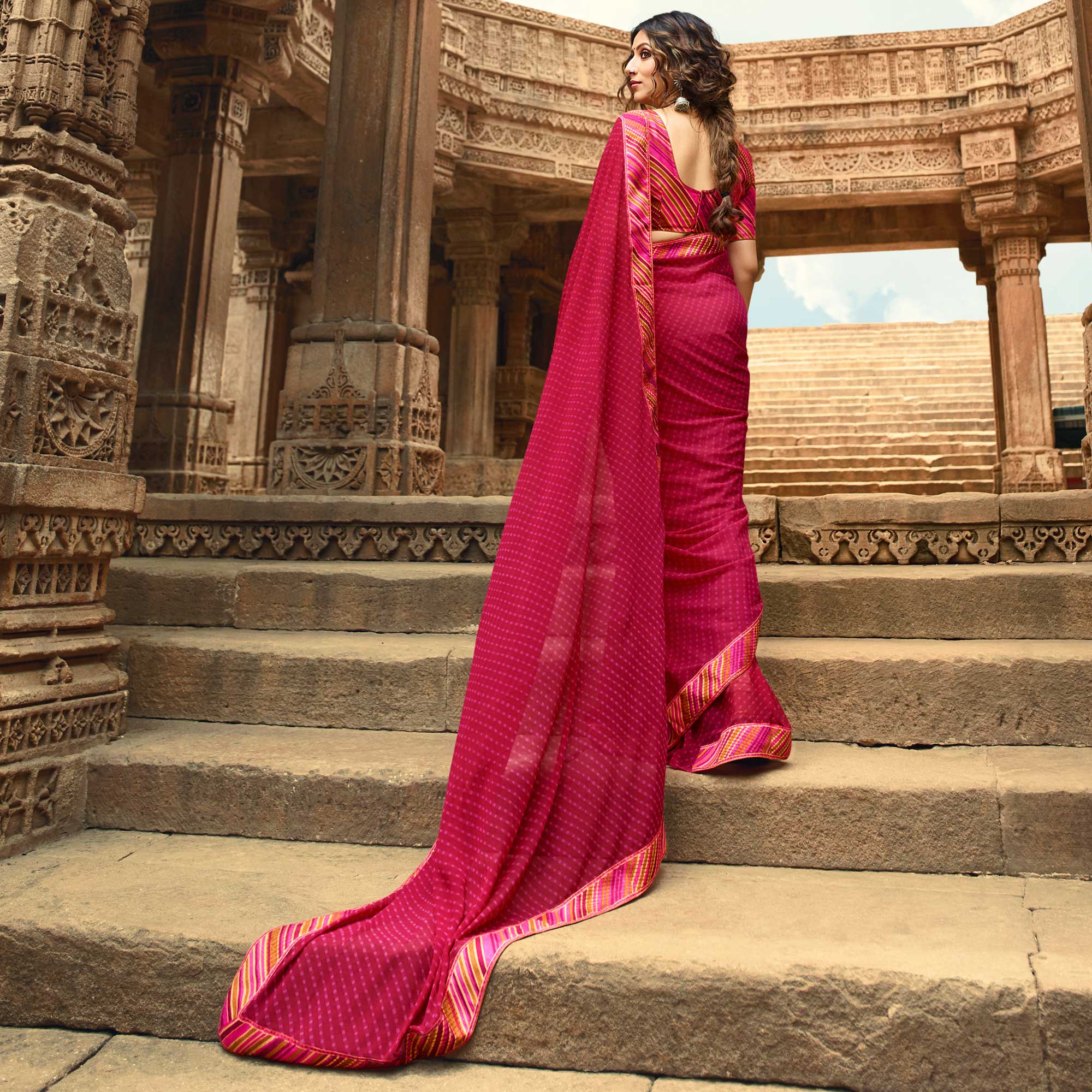 Pink Printed Georgette Saree With Lace Border