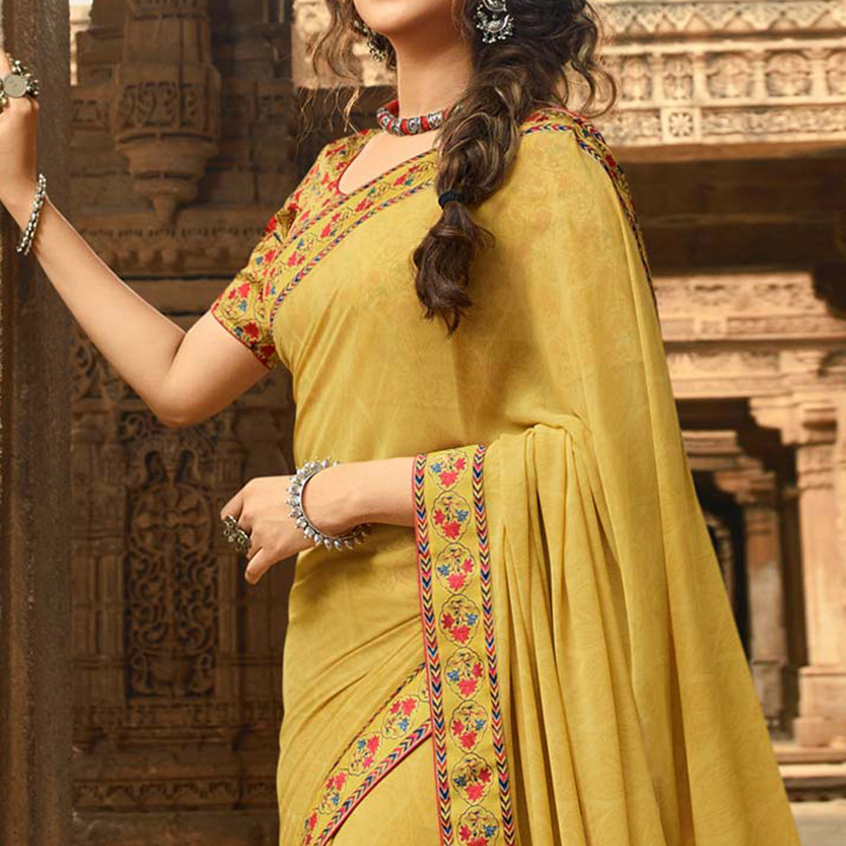 Yellow Printed Georgette Saree With Lace Border