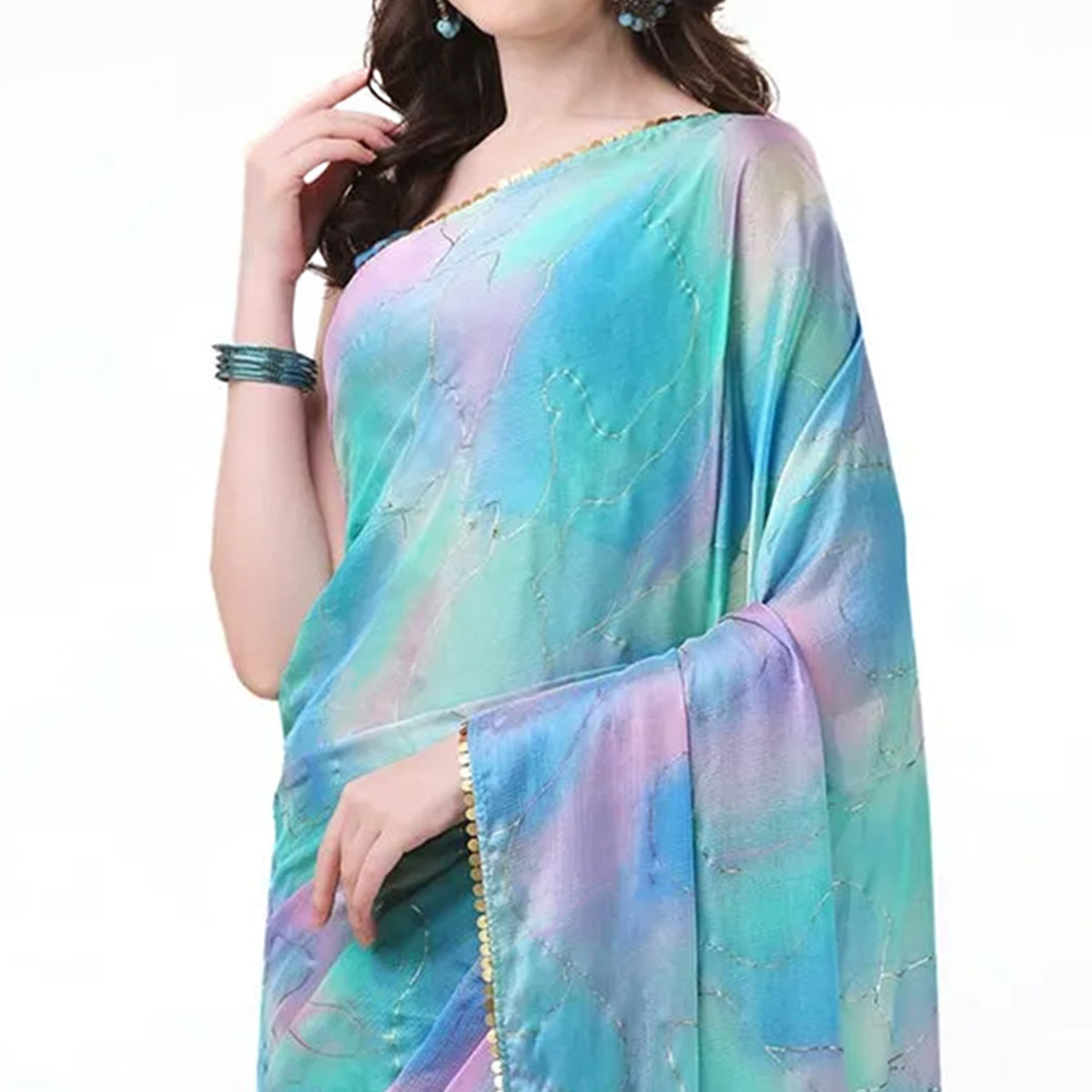 Sky Blue Foil Printed Chiffon Saree With Fancy Border