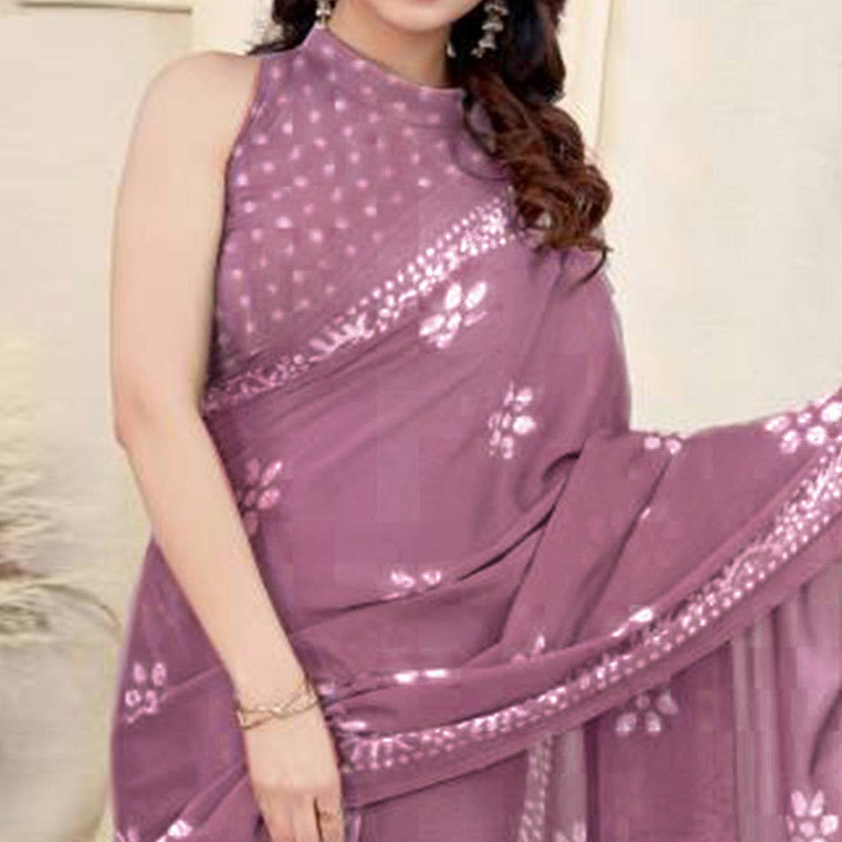 Mauve Floral Printed Chiffon Saree