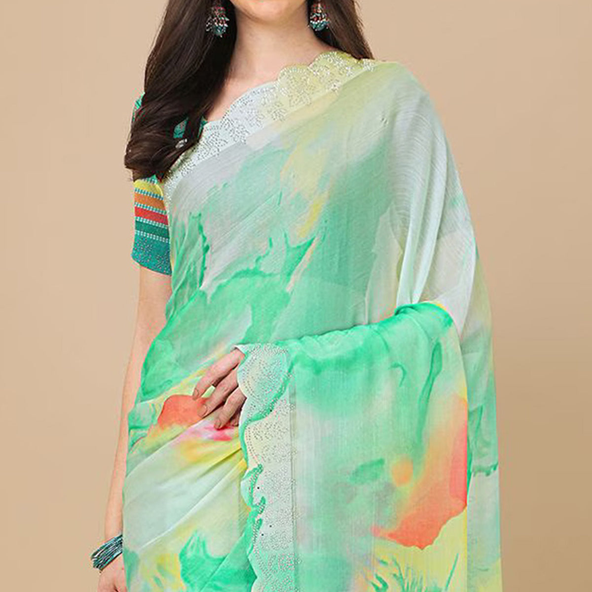 Light Green Printed With Swarovski Work Chiffon Saree