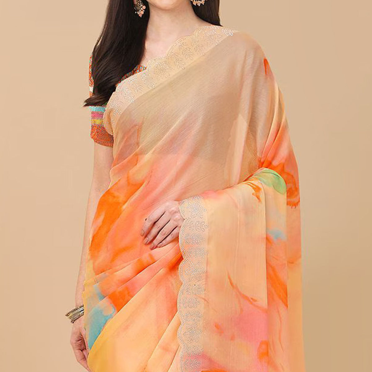 Orange Printed With Swarovski Work Chiffon Saree
