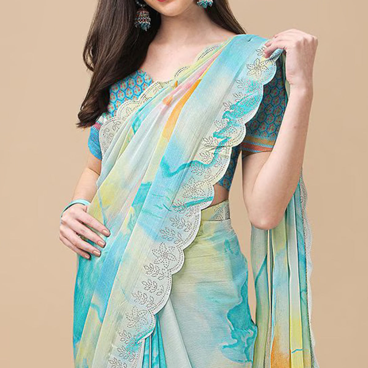 Sky Blue Printed With Swarovski Work Chiffon Saree