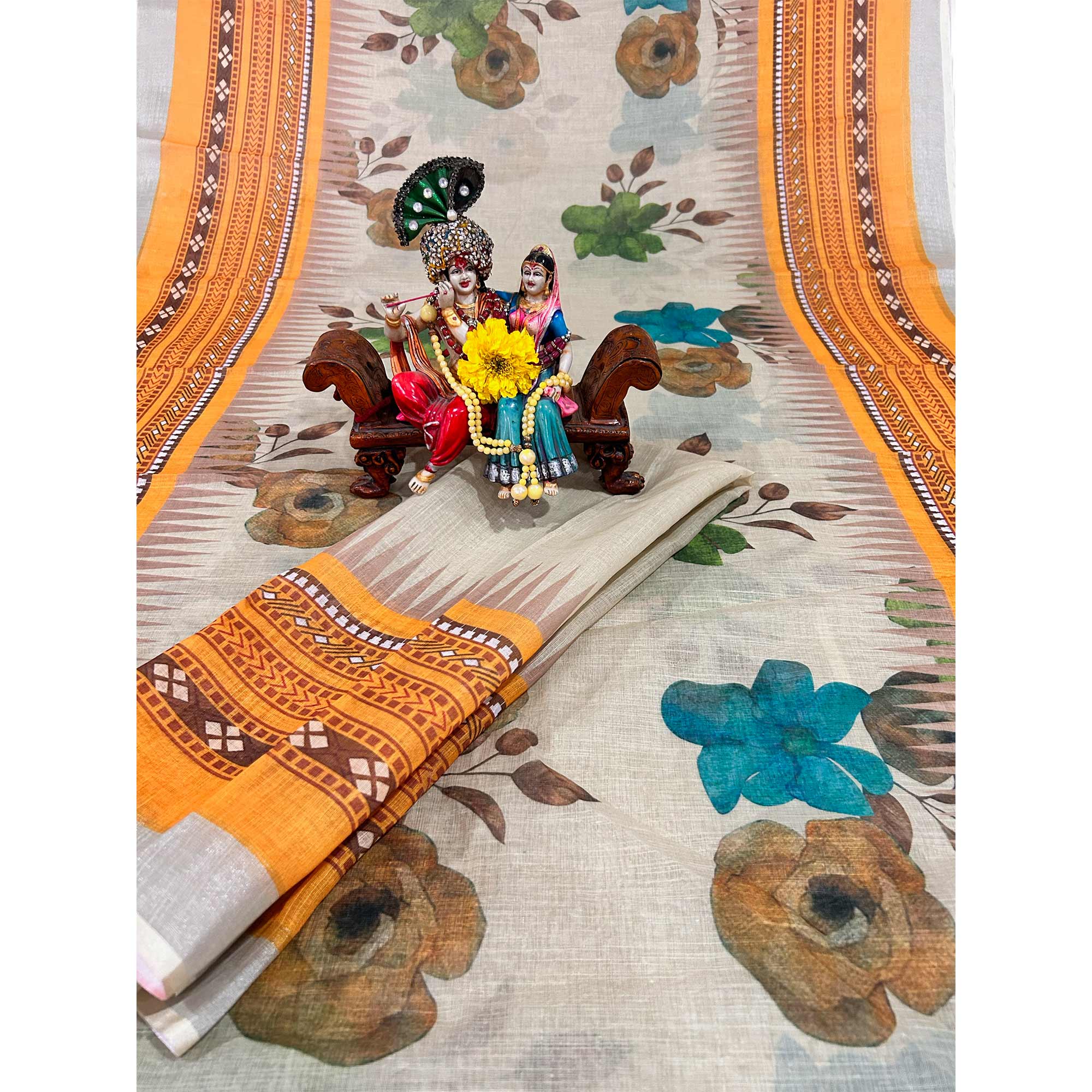 Beige Floral Digital Printed Linen Saree