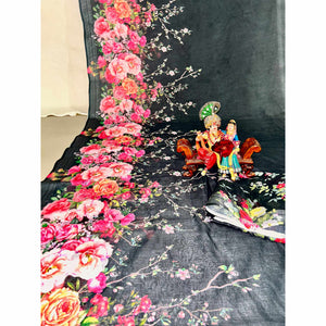 Black Floral Digital Printed Linen Saree