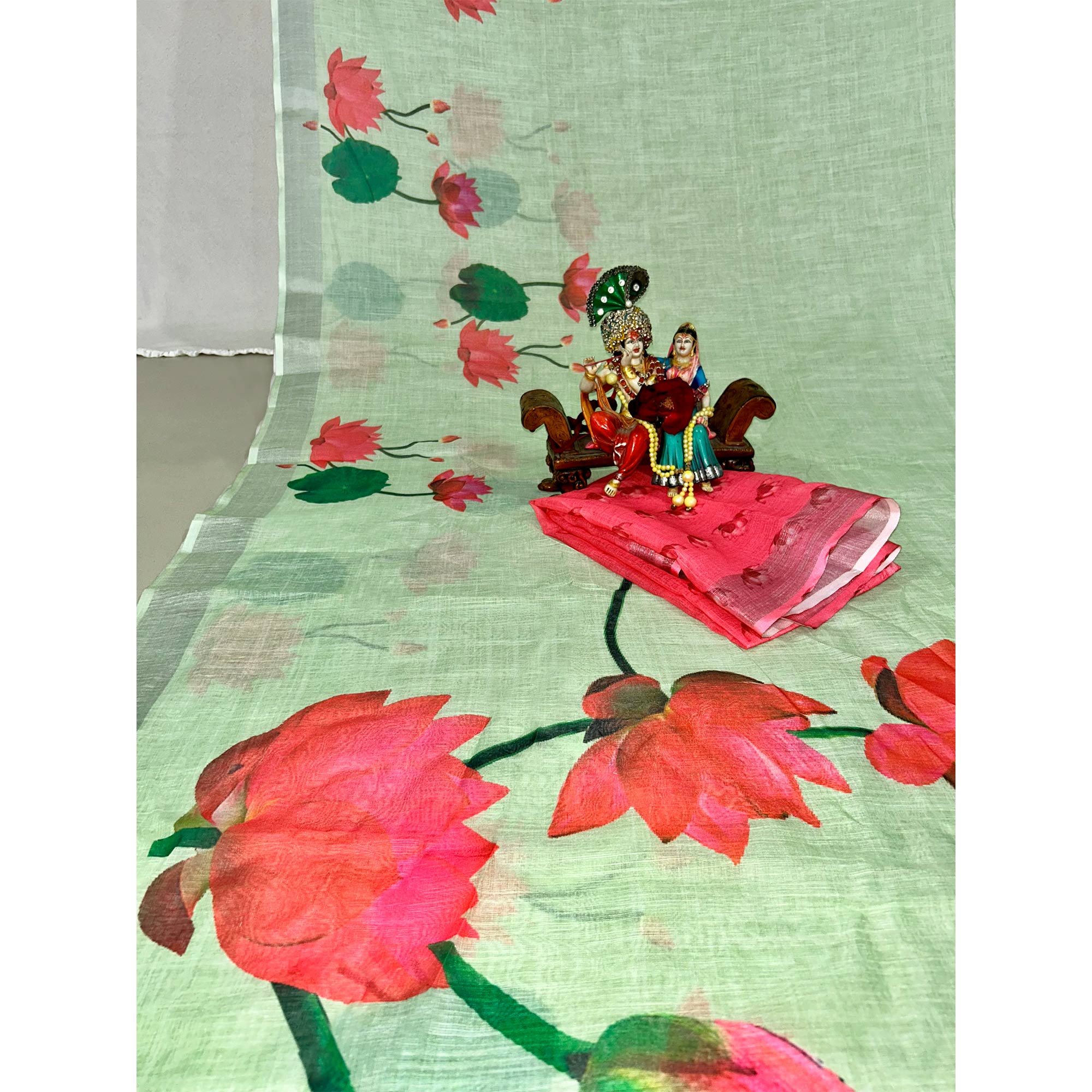 Green Floral Digital Printed Linen Saree