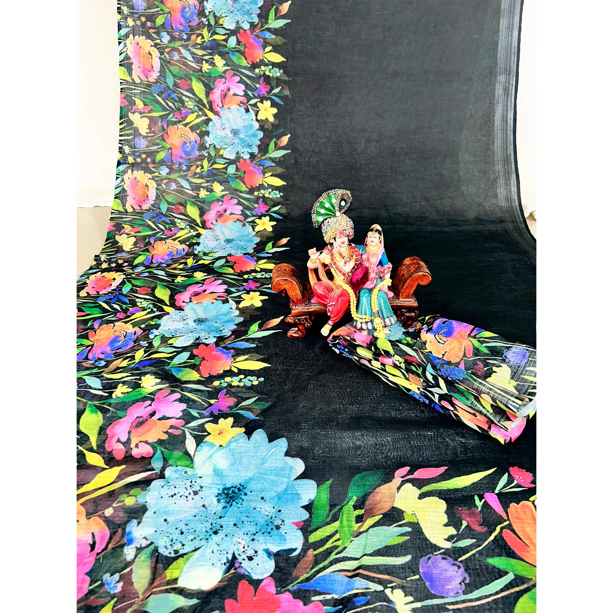 Black Floral Digital Printed Linen Saree