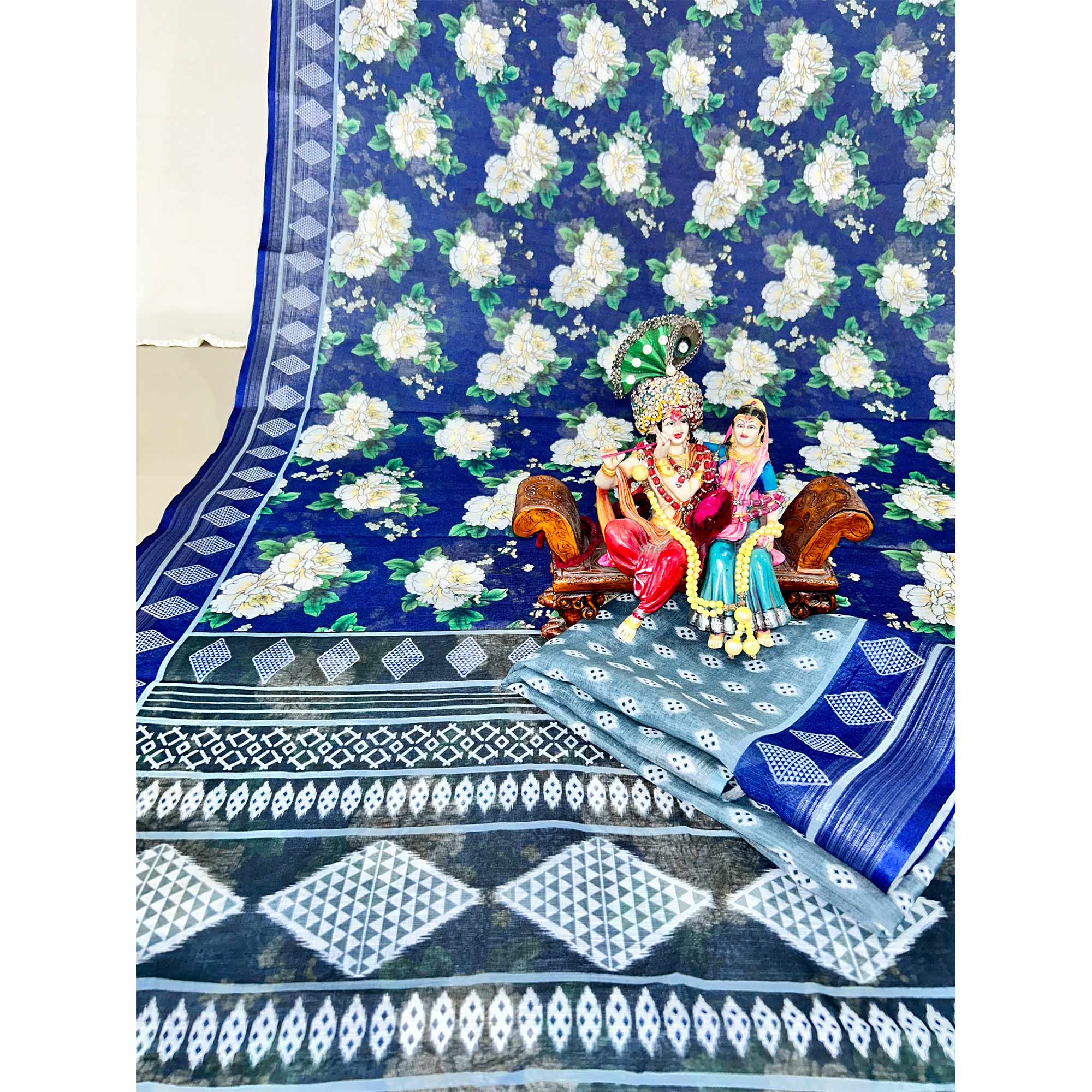 Blue Floral Digital Printed Linen Saree