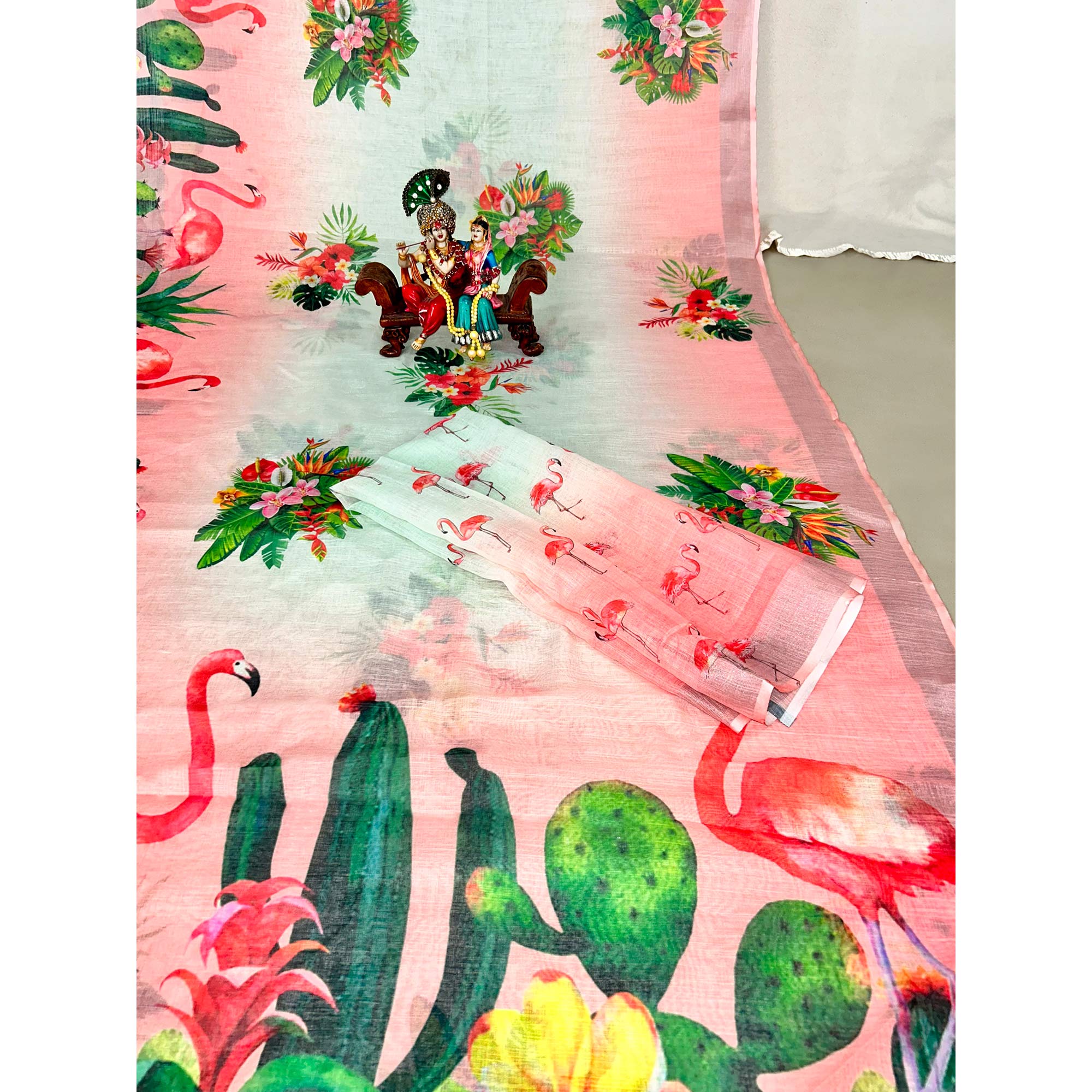 Peach Floral Digital Printed Linen Saree