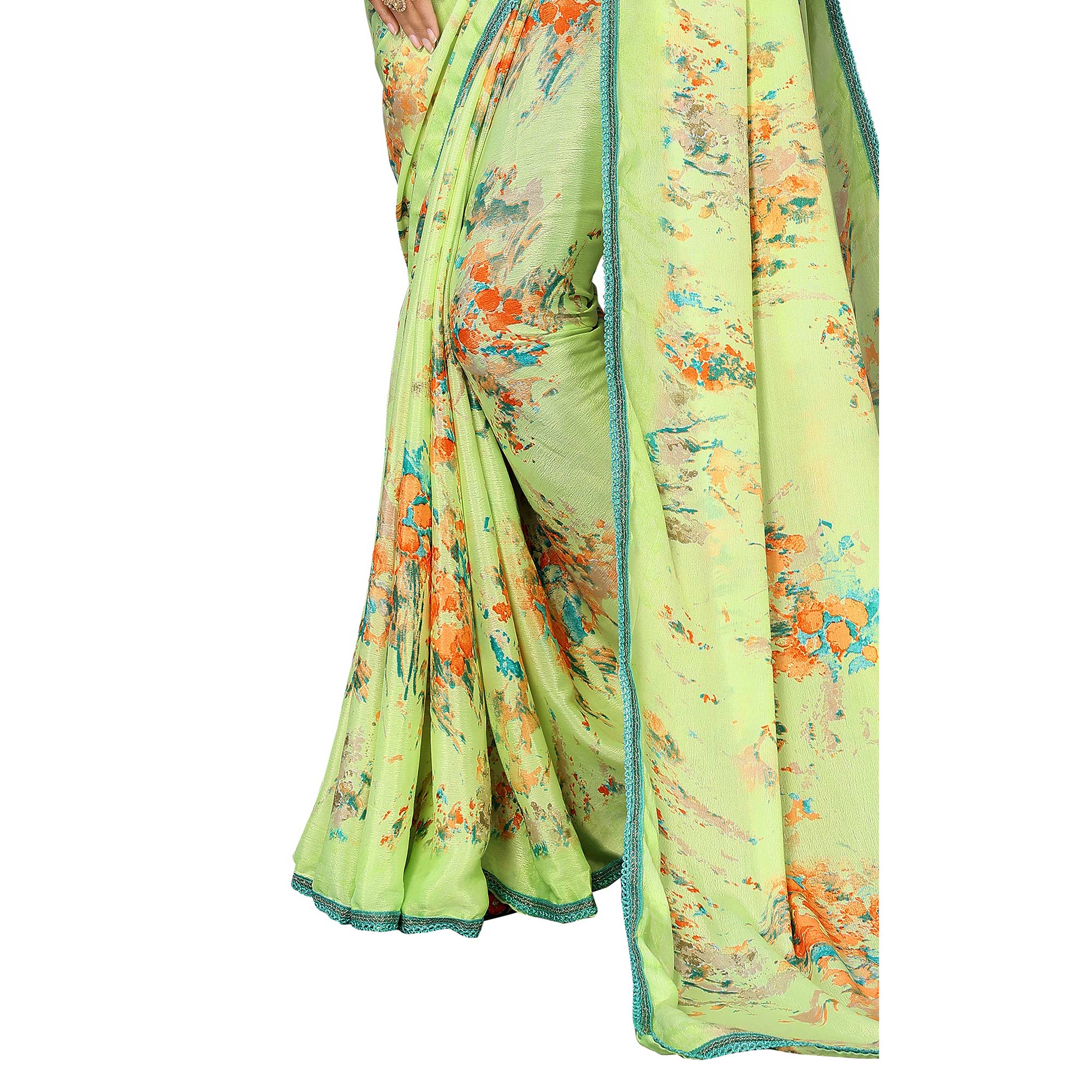 Parrot Green Printed Vichitra Silk Saree