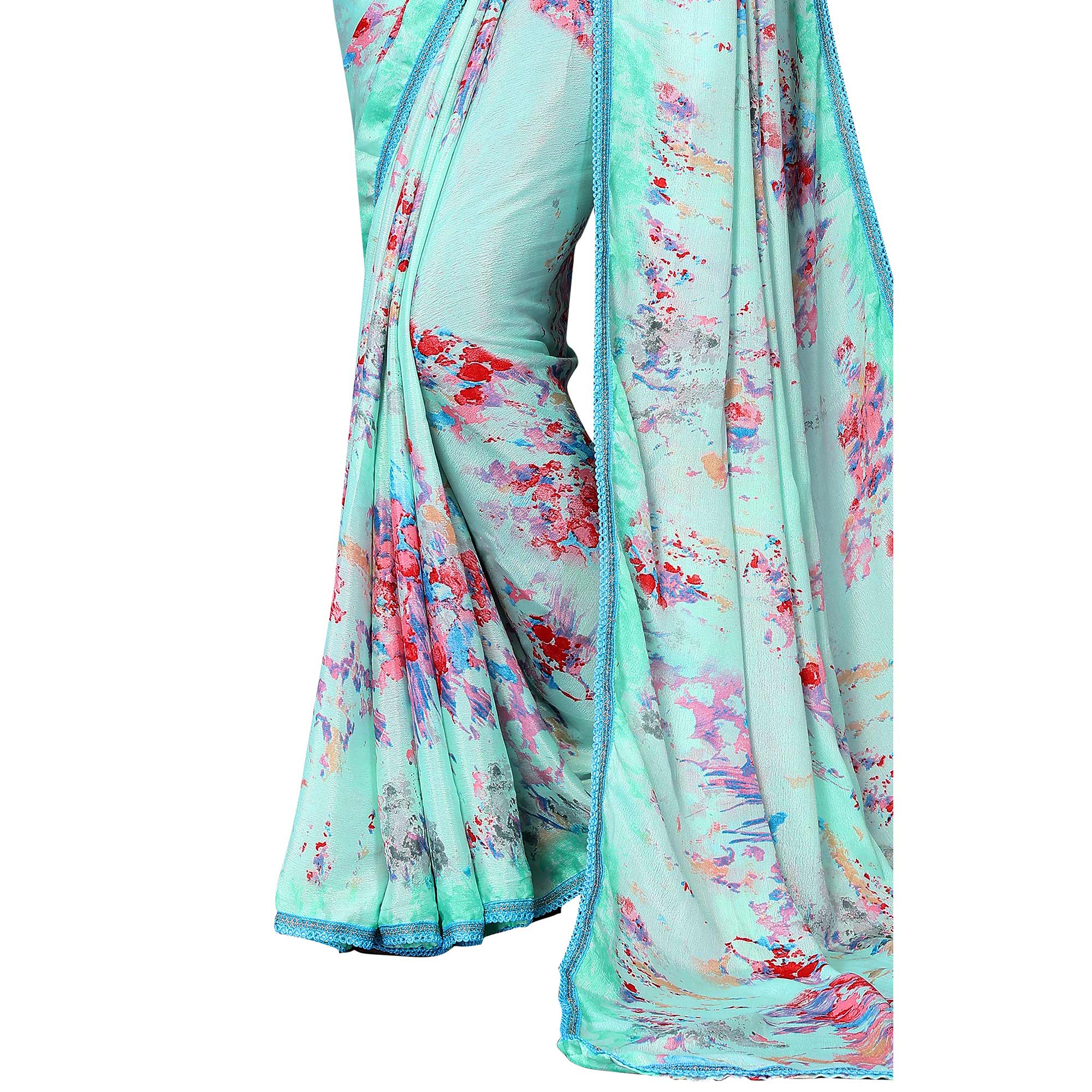 Turquoise  Printed Vichitra Silk Saree