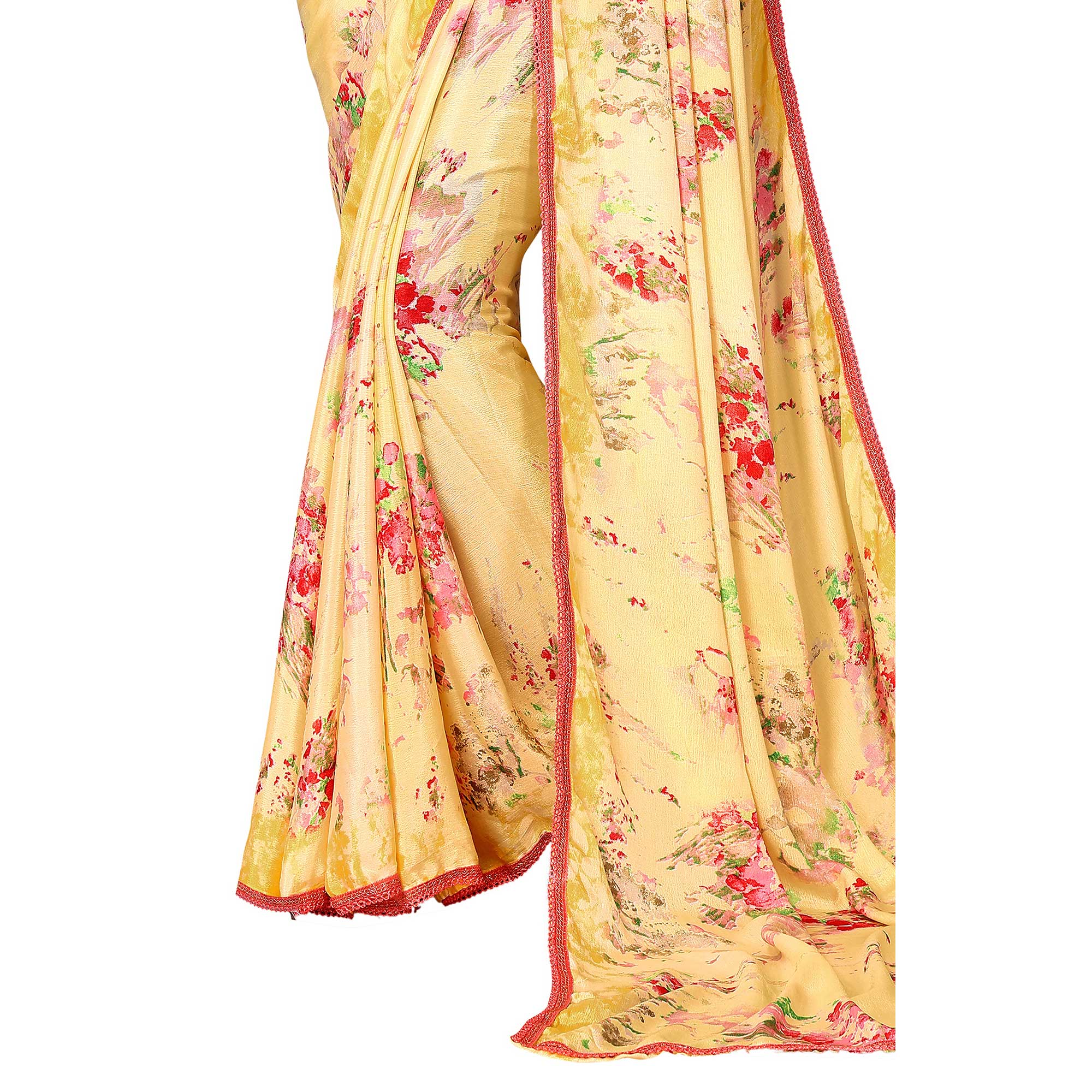 Yellow Printed Vichitra Silk Saree