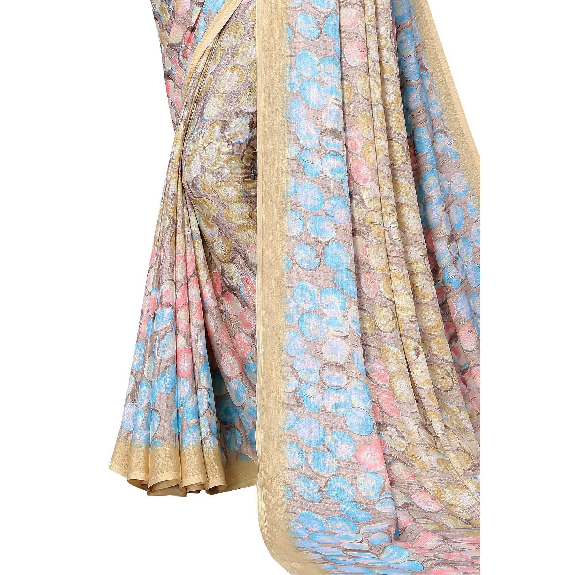 Beige Geometric Printed Vichitra Silk Saree