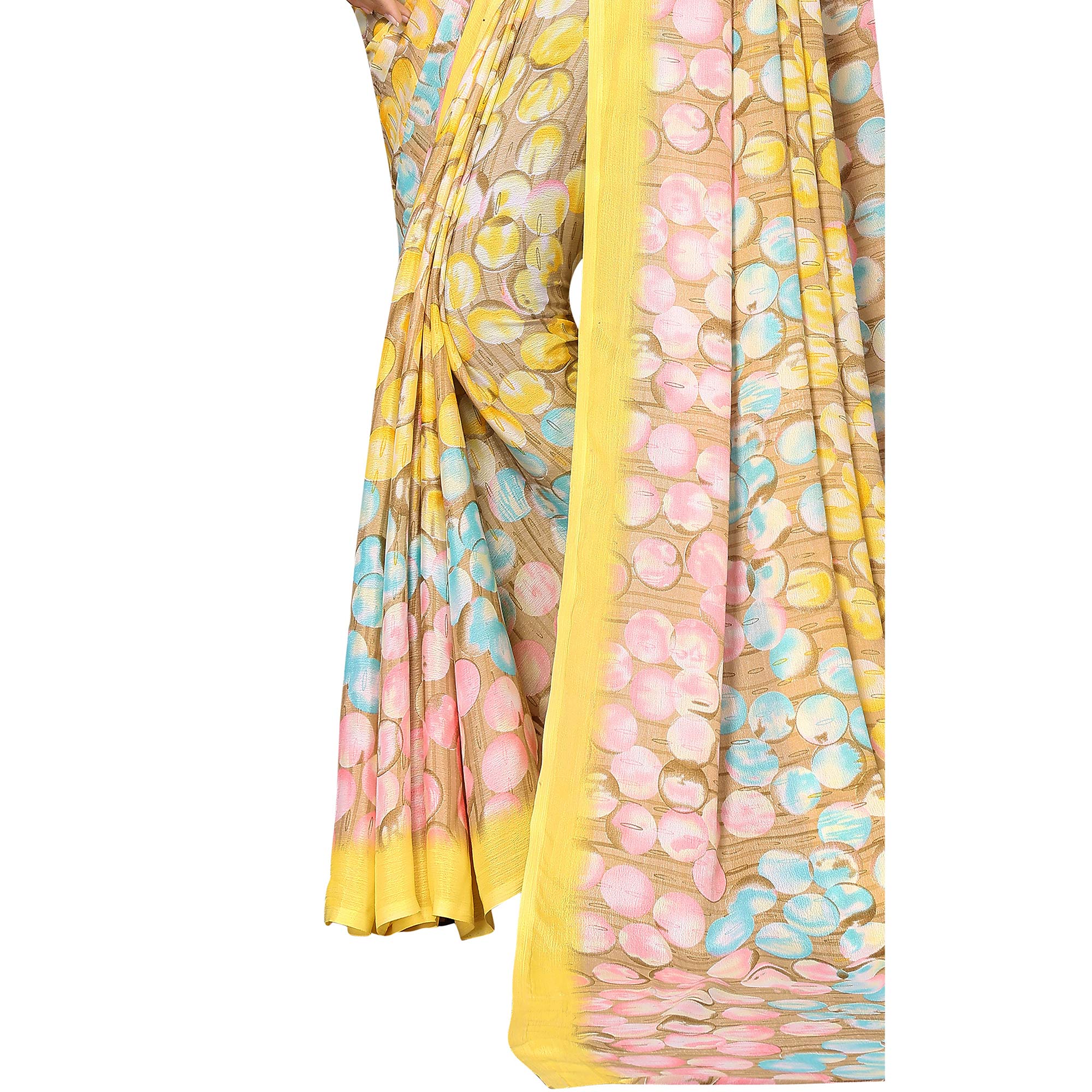 Yellow Geometric Printed Vichitra Silk Saree