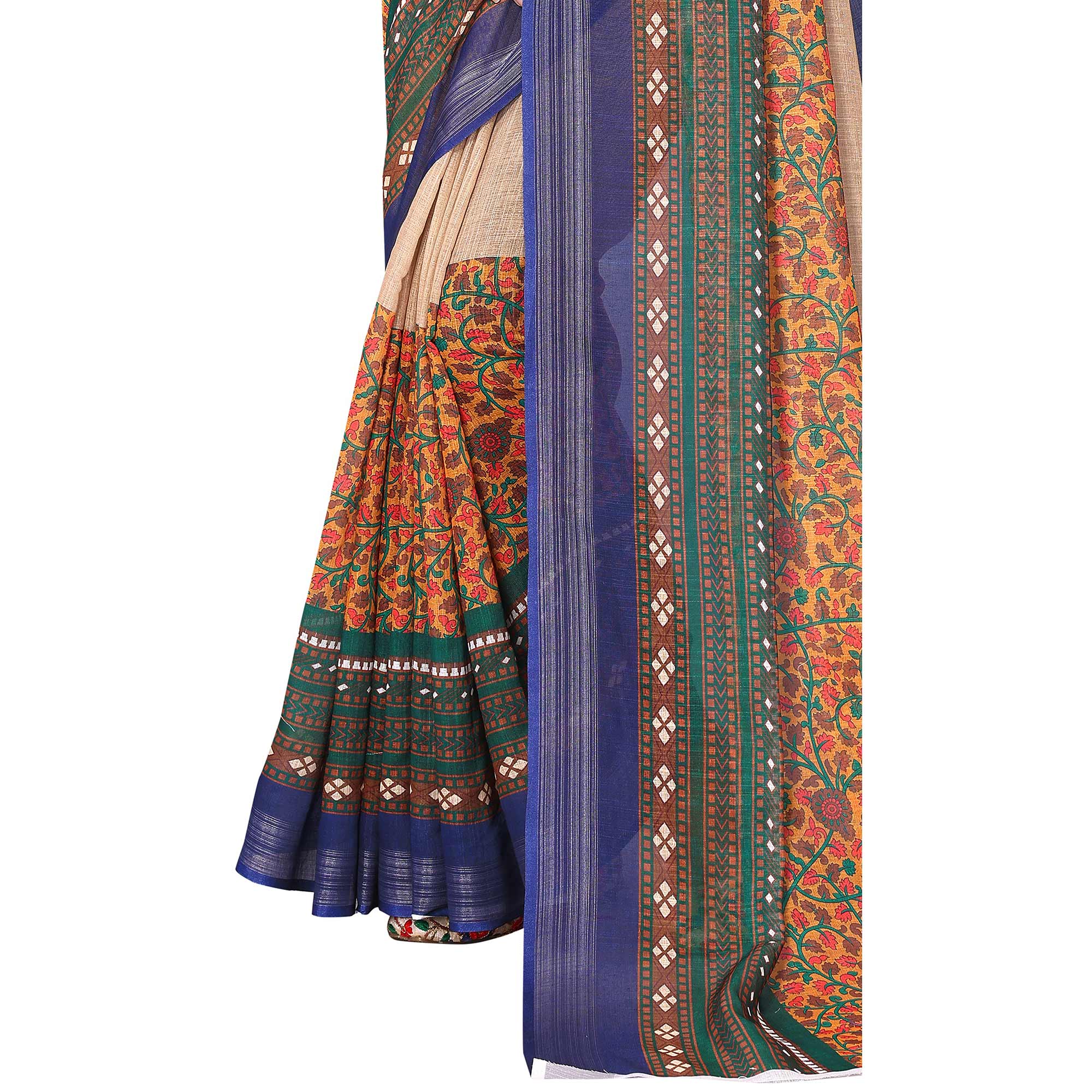 Beige Digital Floral Printed Linen Saree