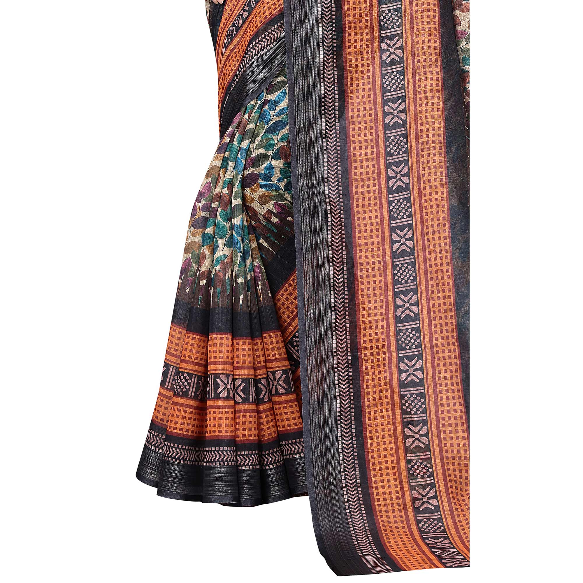 Beige & Black Digital Floral Printed Linen Saree