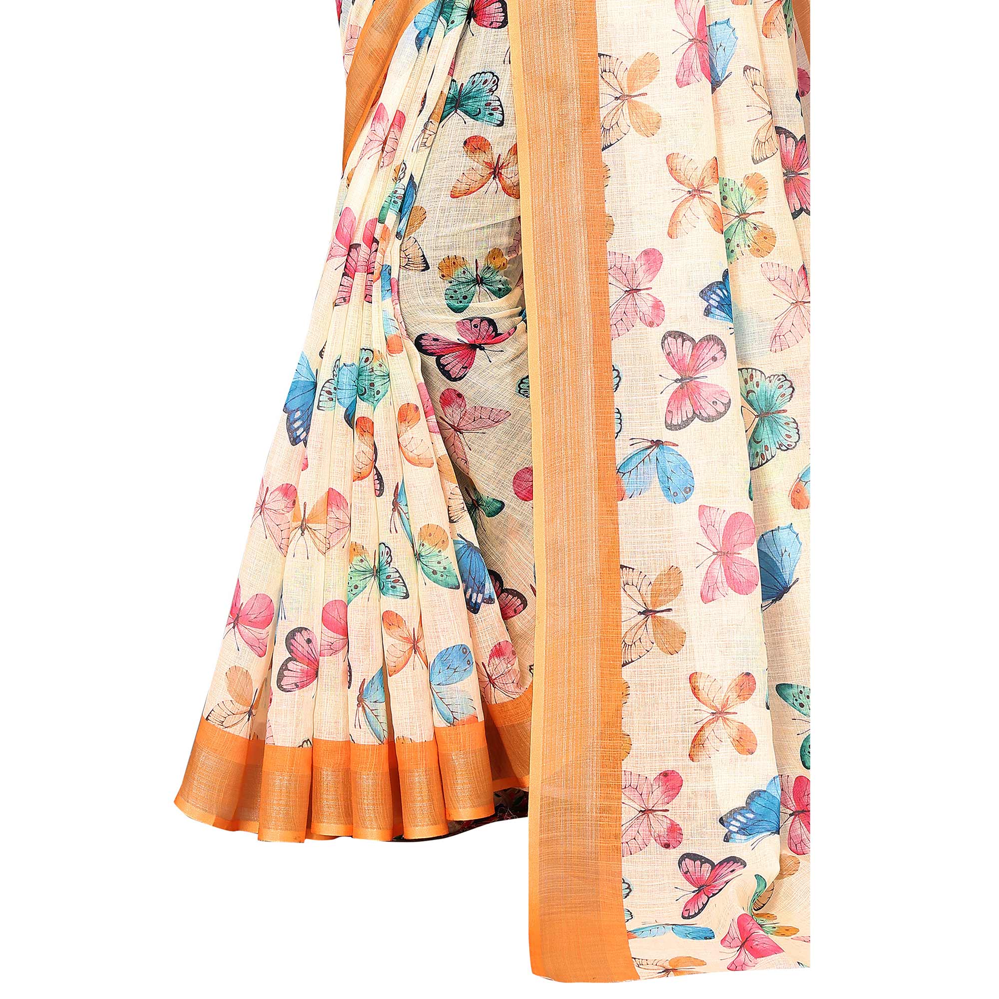 Cream & Orange Digital Floral Printed Linen Saree