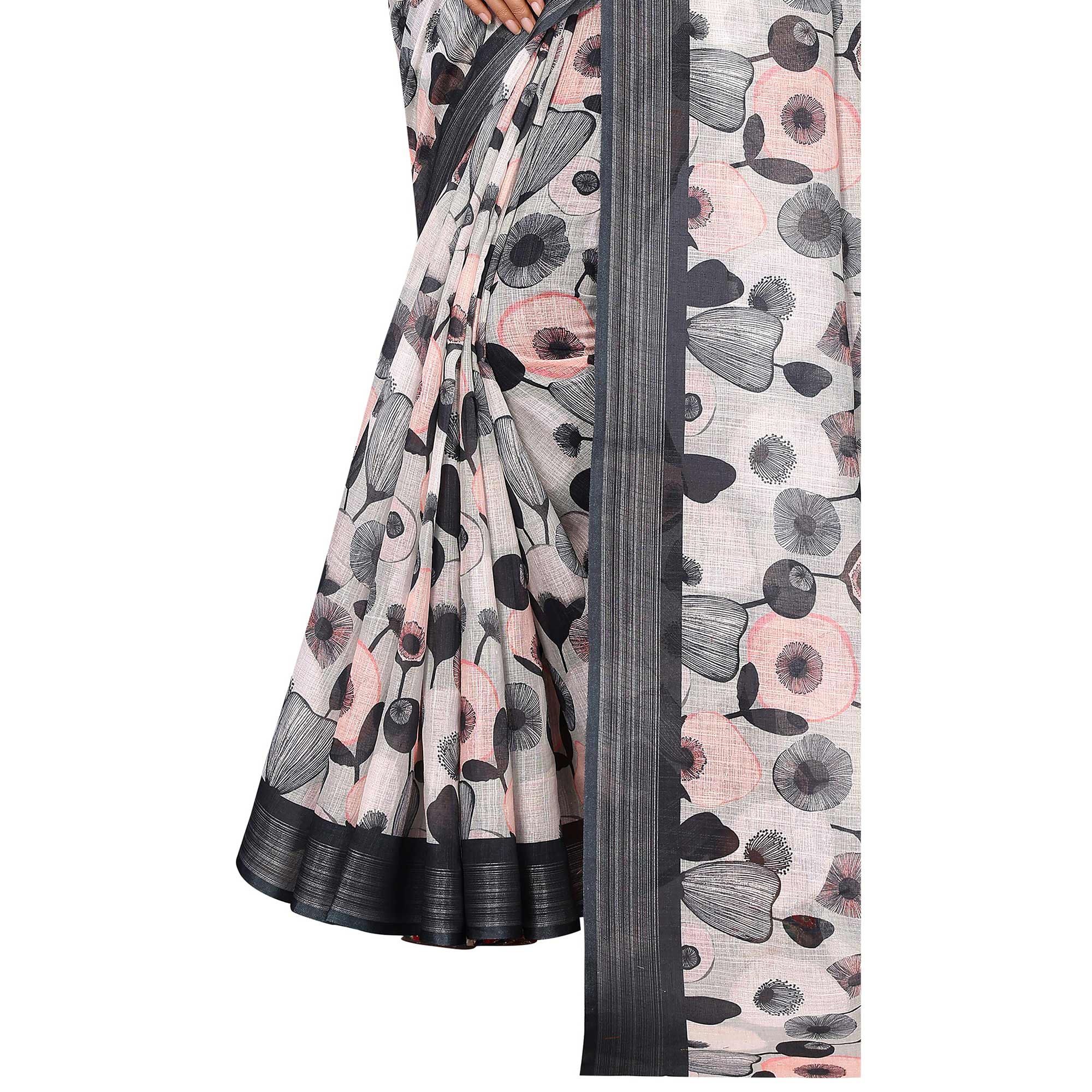 Grey & Black Digital Floral Printed Linen Saree