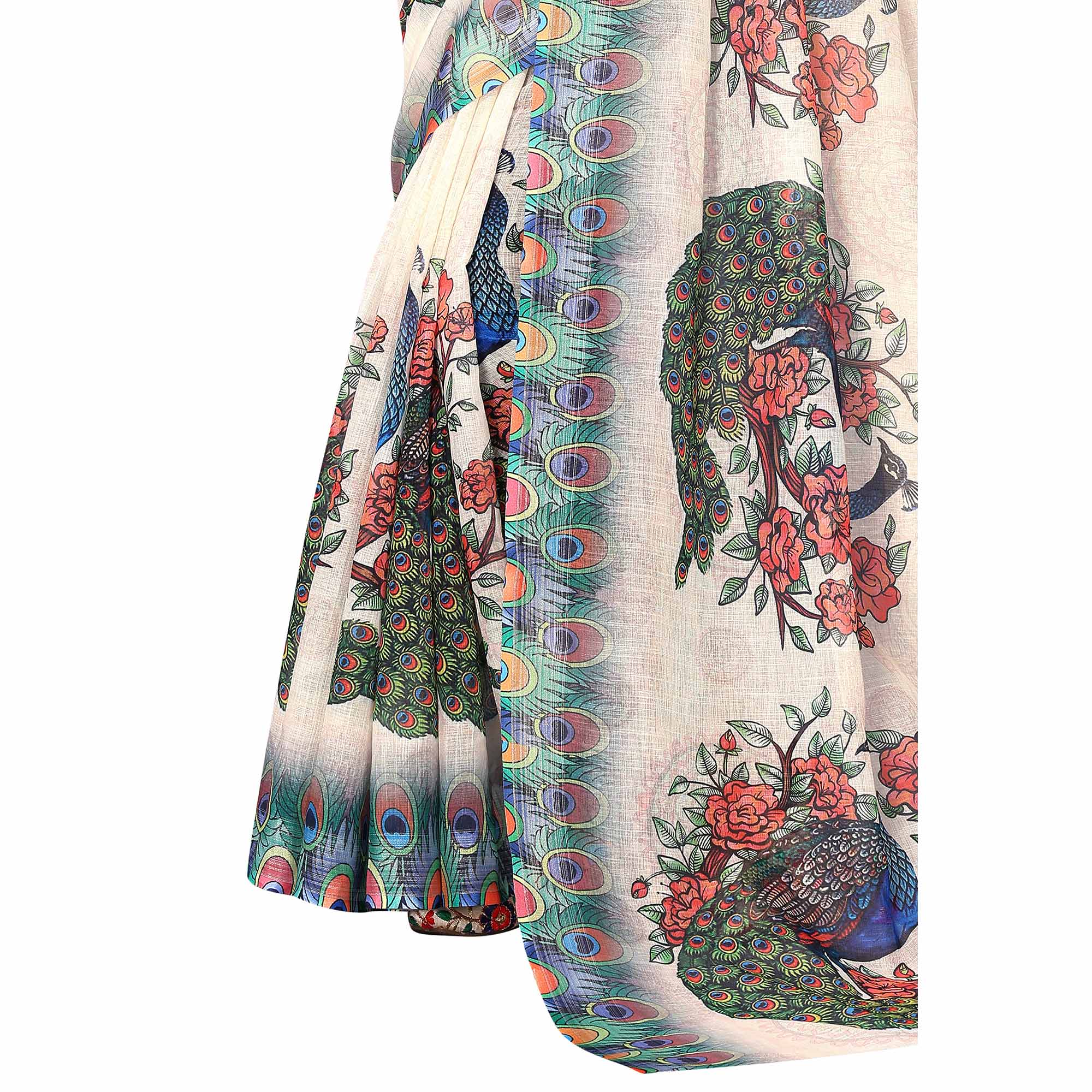 Off White Digital Floral Printed Linen Saree