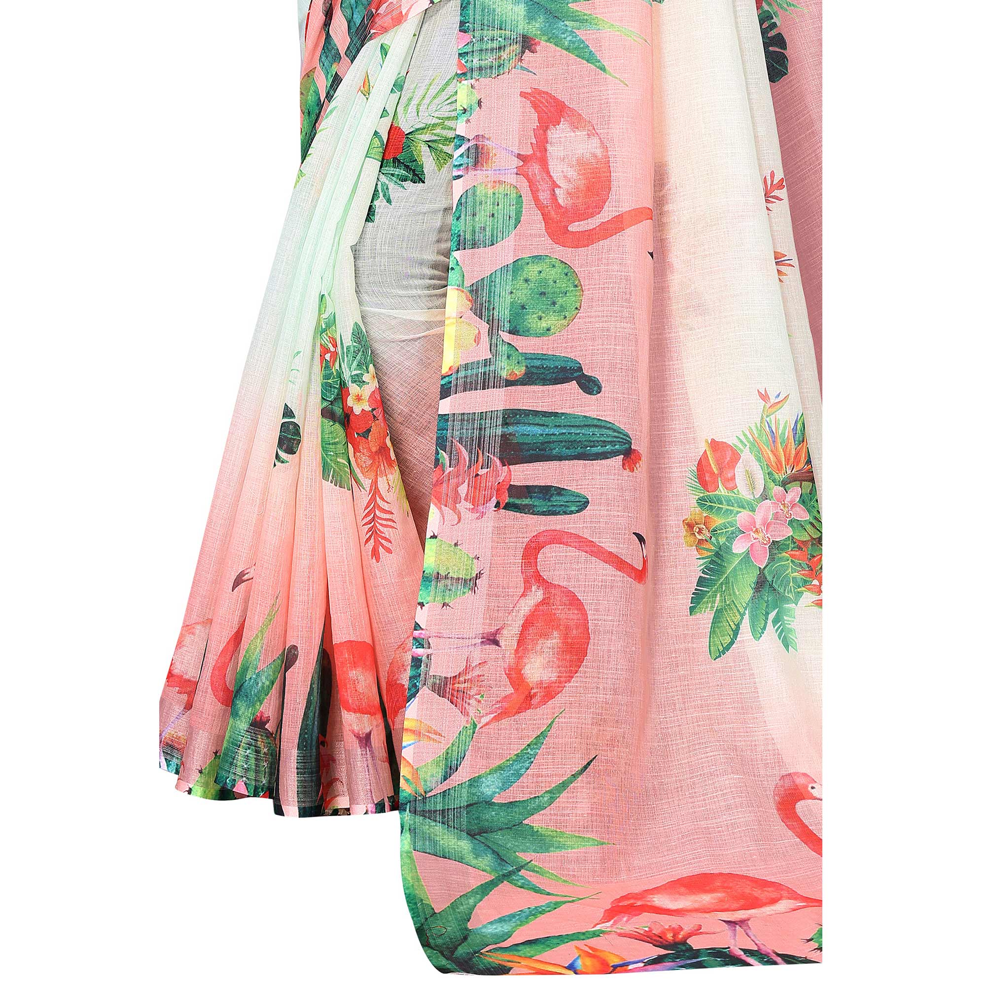 Off White & Pink Digital Floral Printed Linen Saree