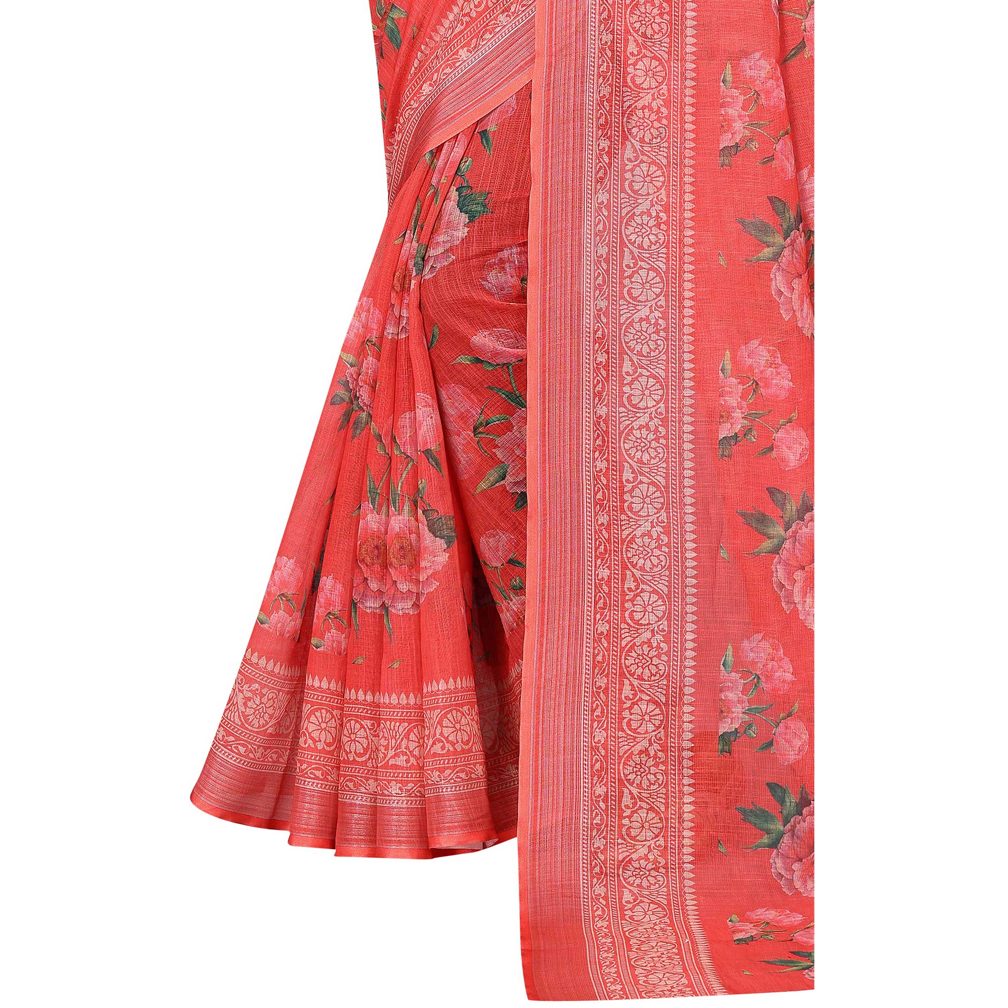 Red Digital Floral Printed Linen Saree