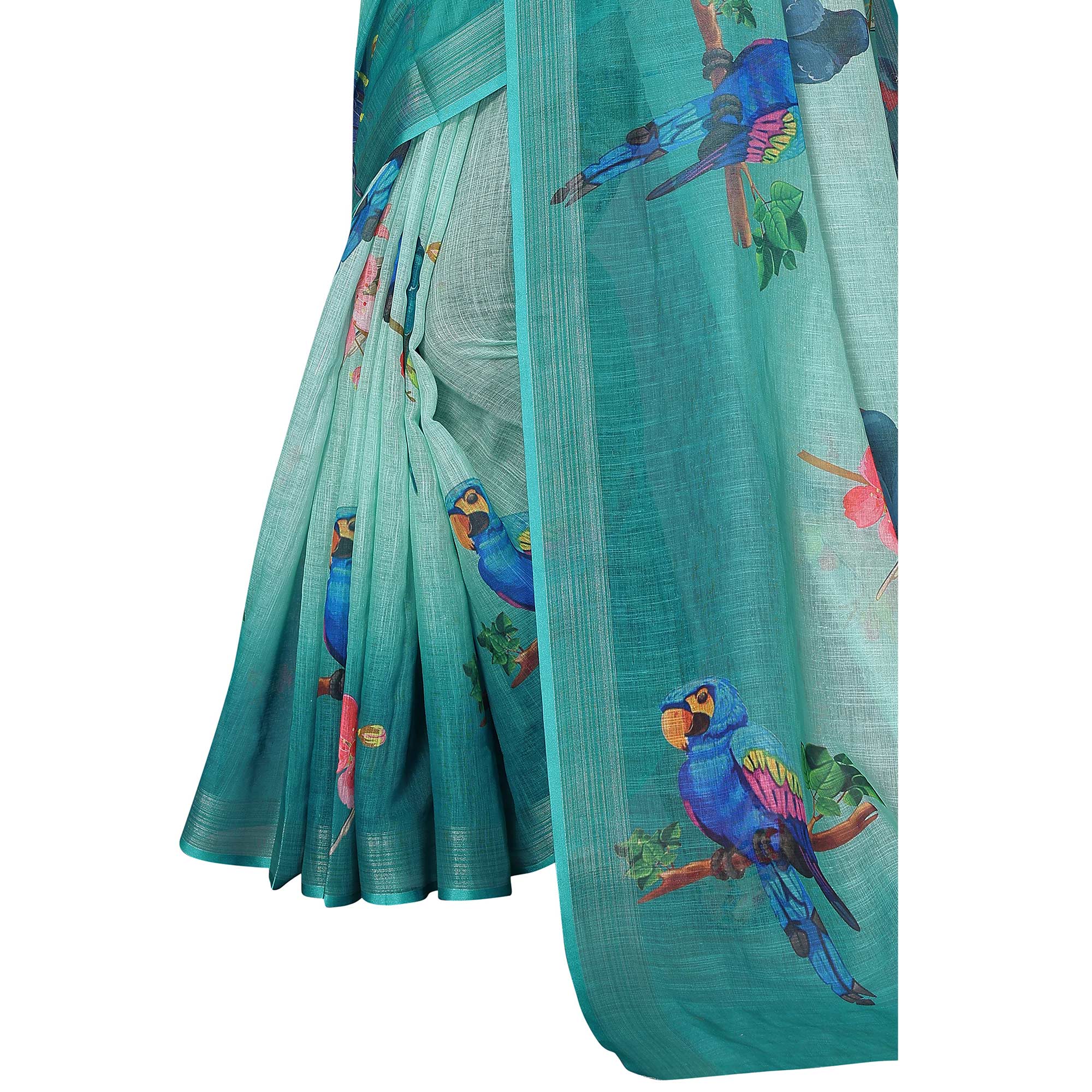 Teal Blue Digital Floral Printed Linen Saree