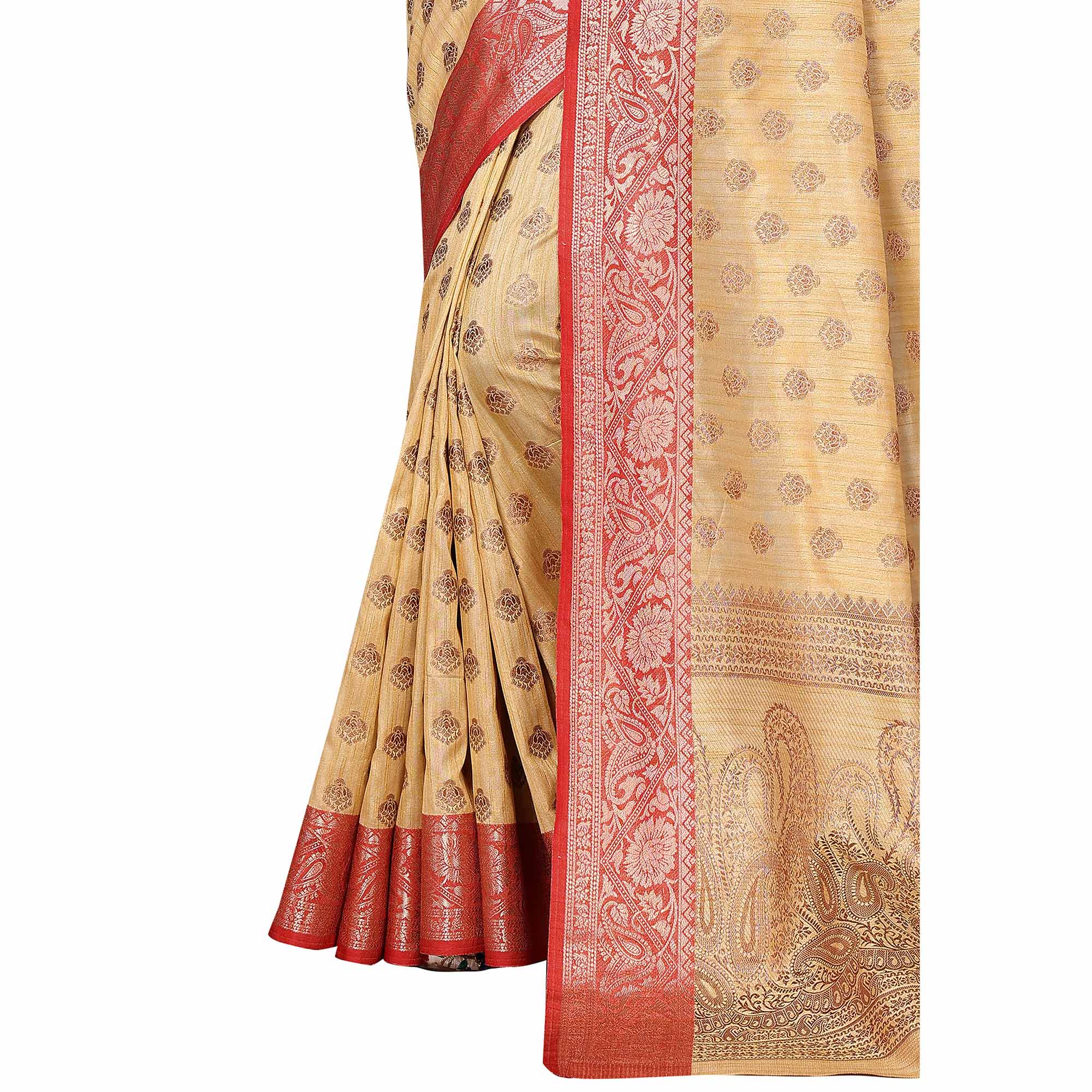 Beige Floral Woven Banarasi Silk Saree