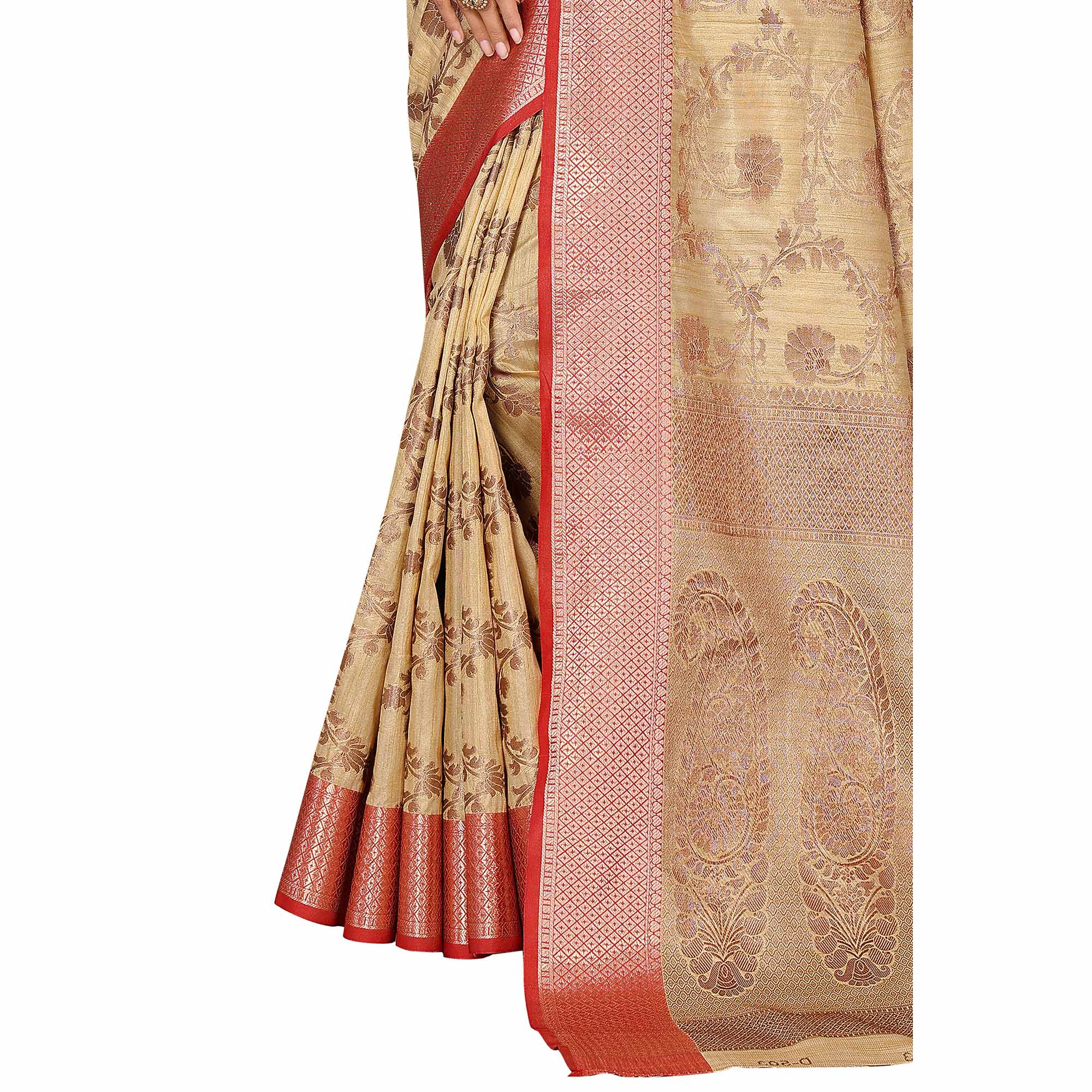 Beige Floral Woven Banarasi Silk Saree