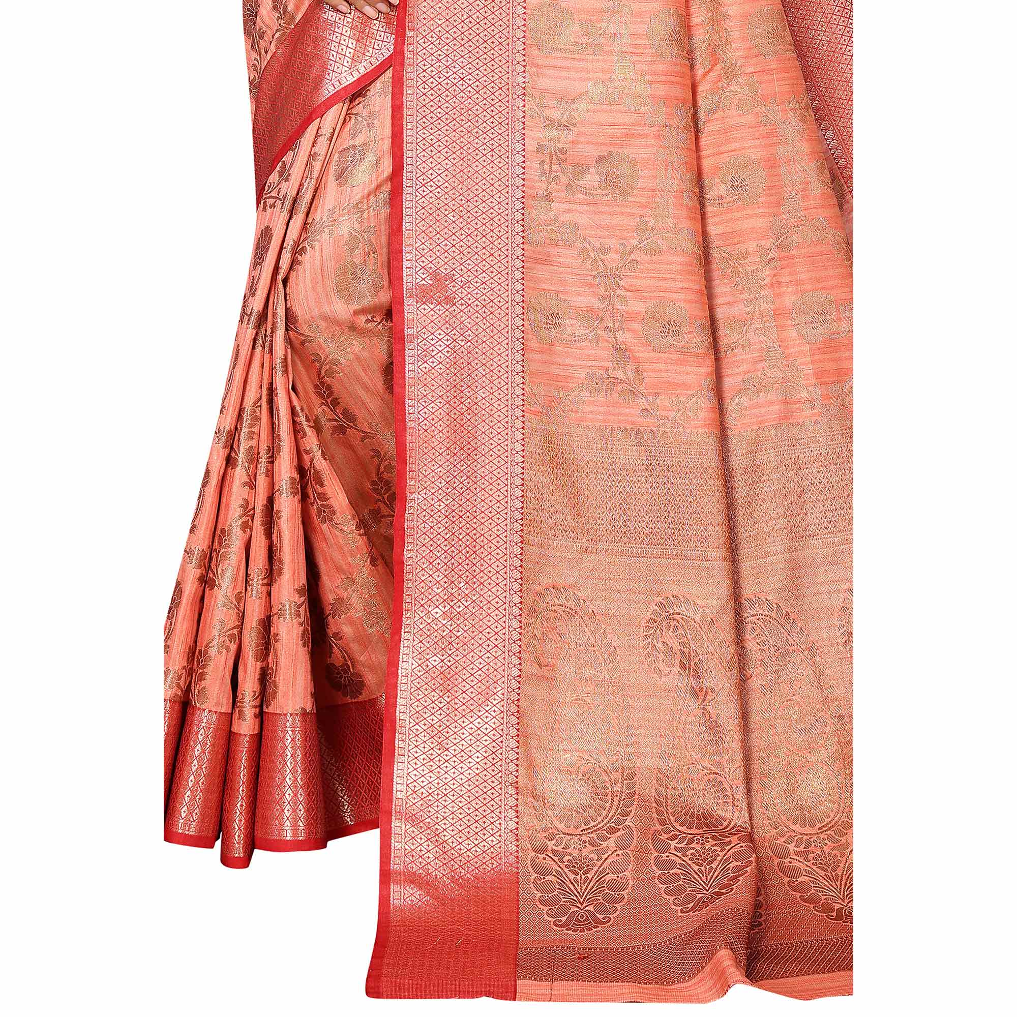 Peach Floral Woven Banarasi Silk Saree