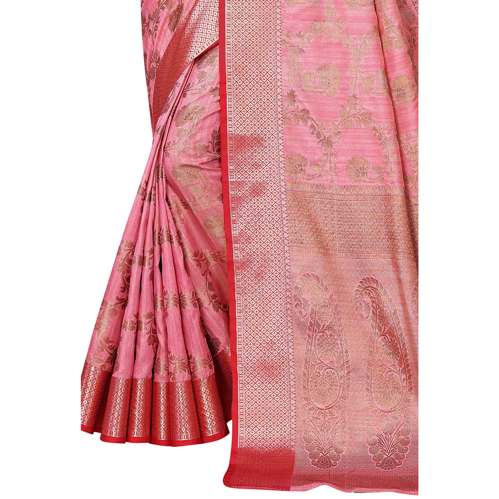 Pink Floral Woven Banarasi Silk Saree
