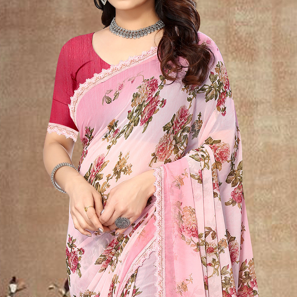 Light Pink Floral Printed Georgette Saree With Lace Border