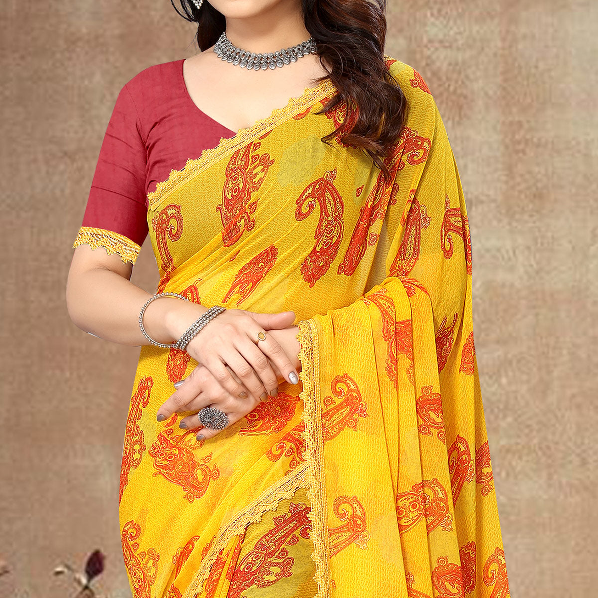 Yellow Floral Printed Georgette Saree With Lace Border