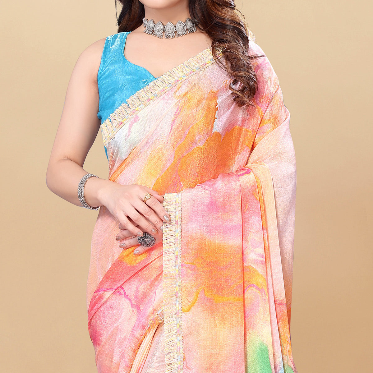 Pink & Orange Printed Chiinon Saree With Lace Border