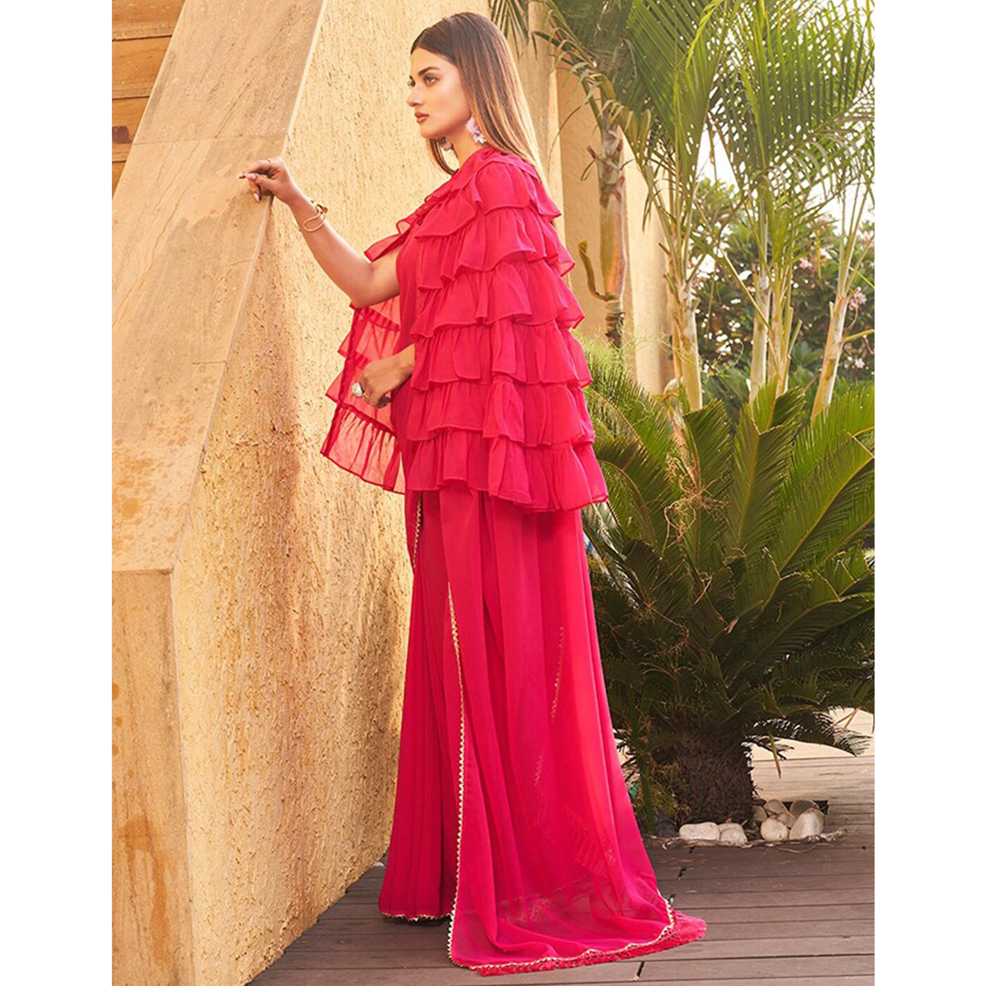 Pink Solid Georgette Saree With Ruffle Jacket