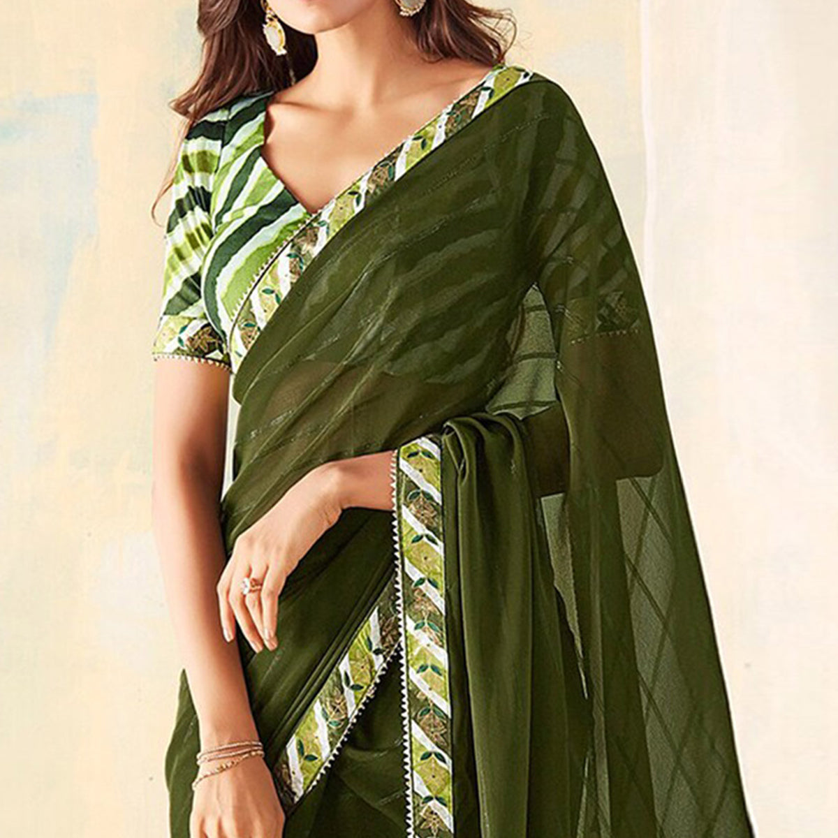 Mehendi Green Woven Georgette Saree With Lace Border