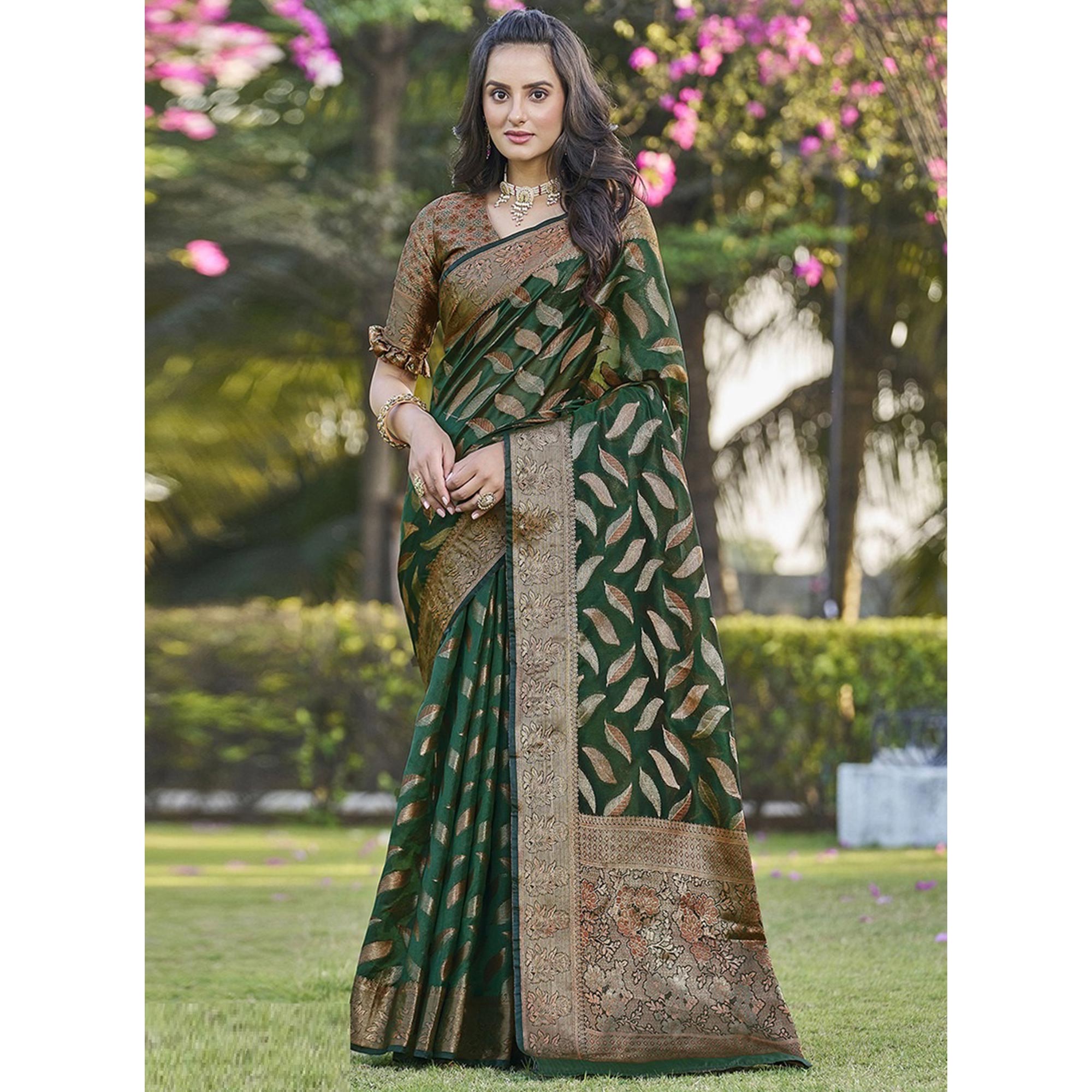 Bottle Green Woven Organza Saree