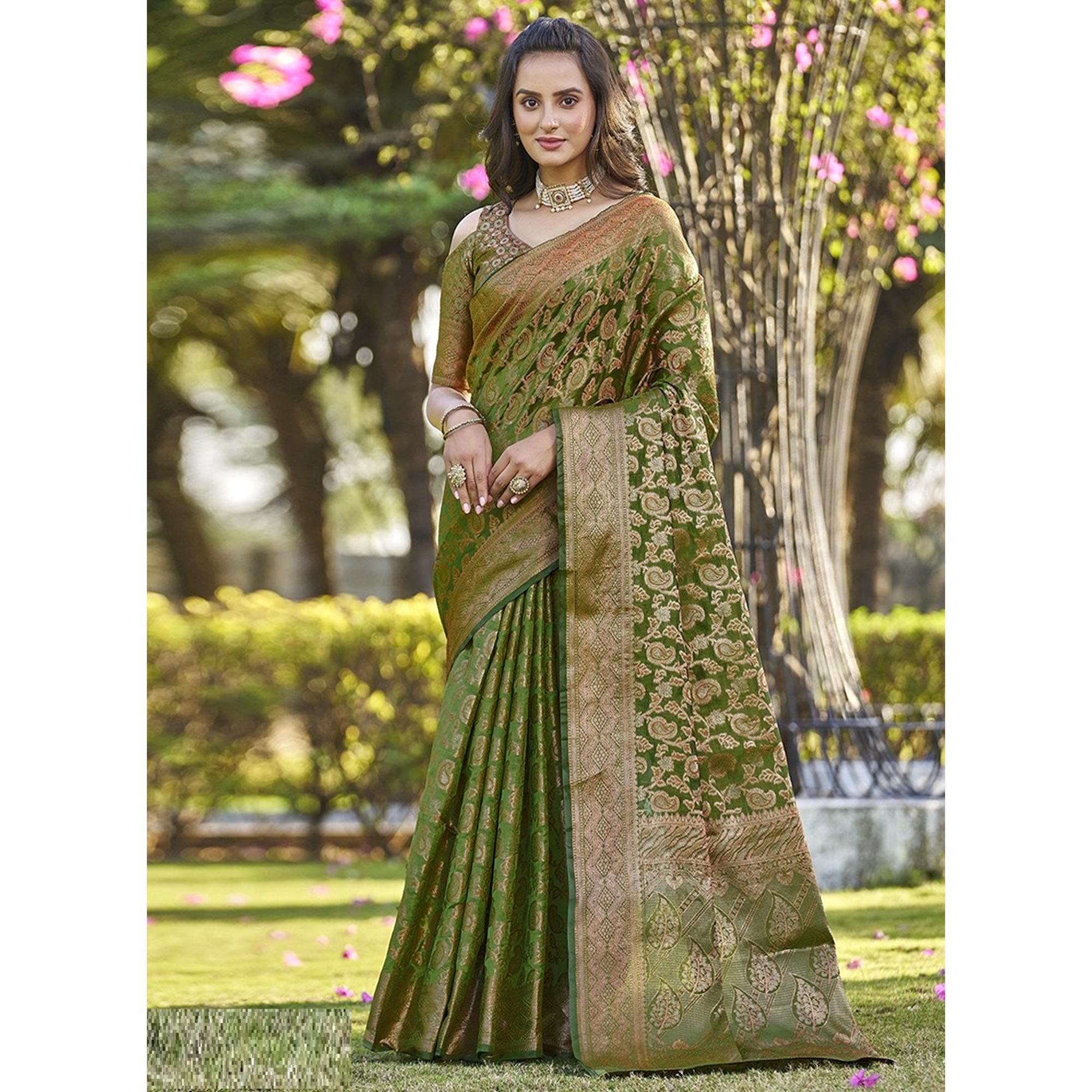 Mehandi Green Woven Organza Saree