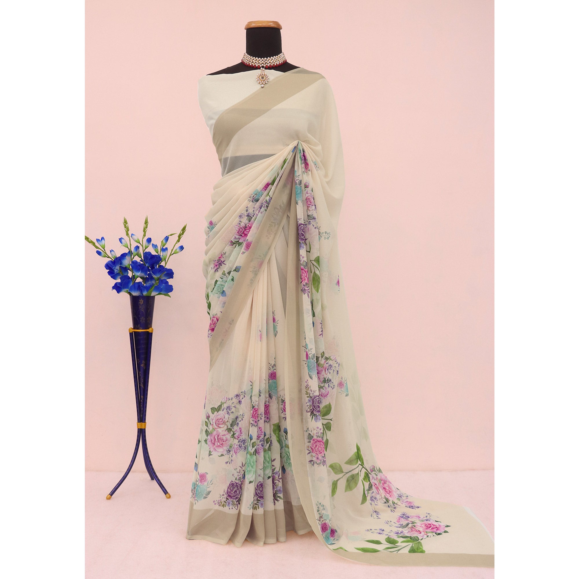 Cream Digital Printed Georgette Saree