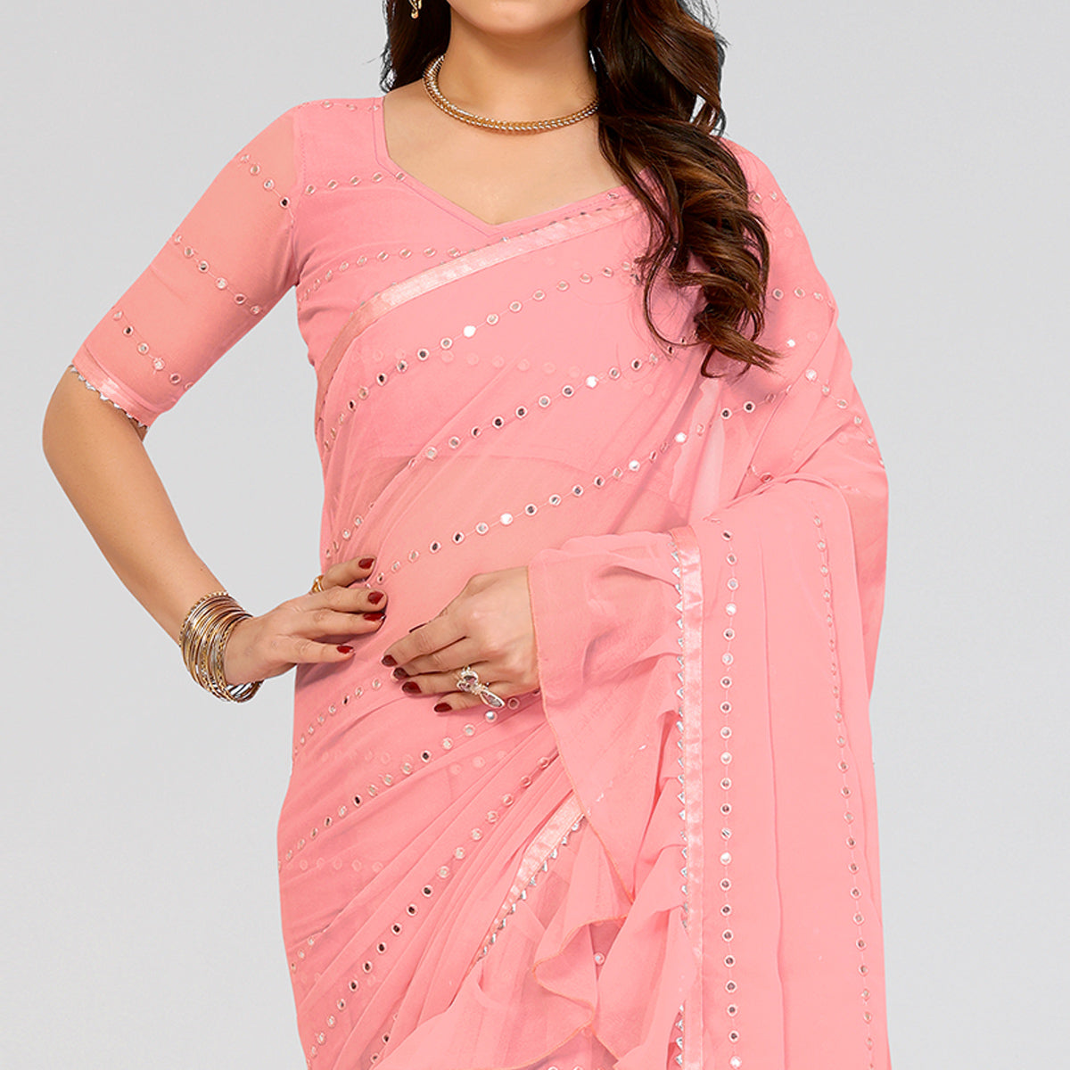 Light Pink Embroidered Georgette Ruffle Saree