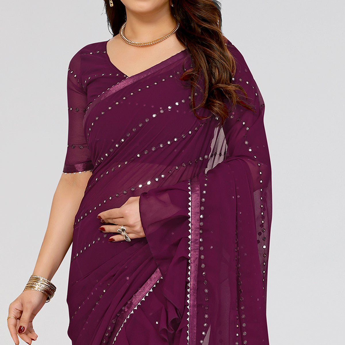 Purple Embroidered Georgette Ruffle Saree