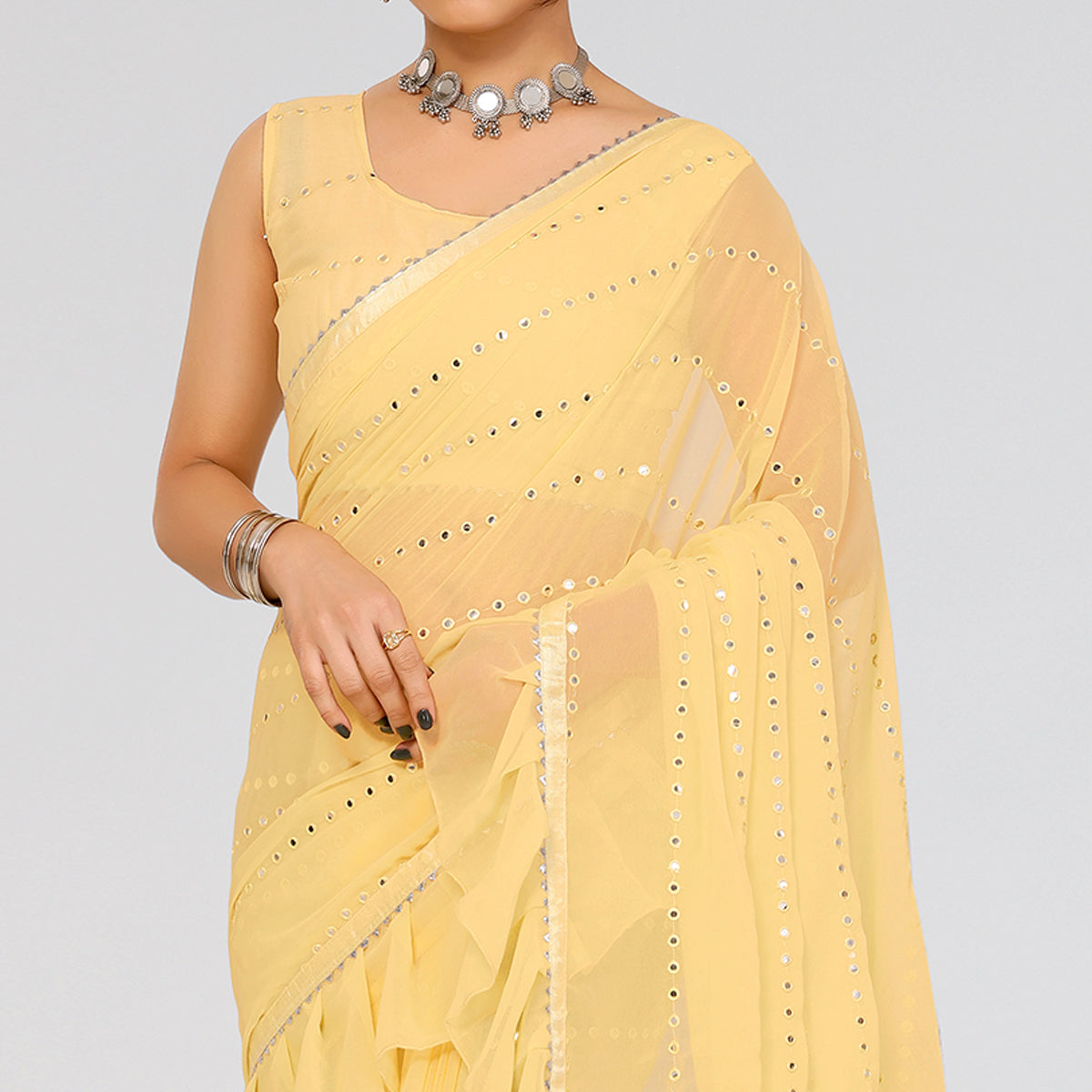 Yellow Embroidered Georgette Ruffle Saree