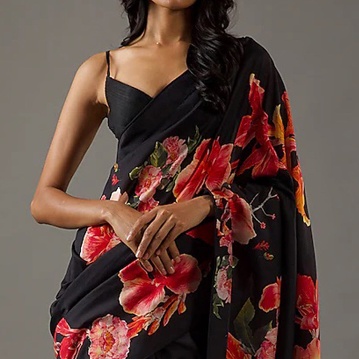 Black Floral Printed Chiffon Saree