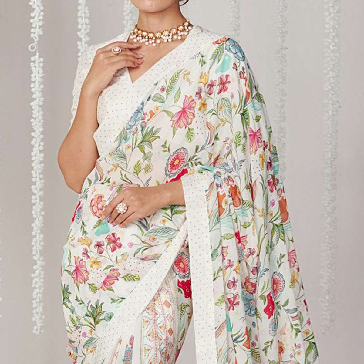 White Floral Printed Chiffon Saree