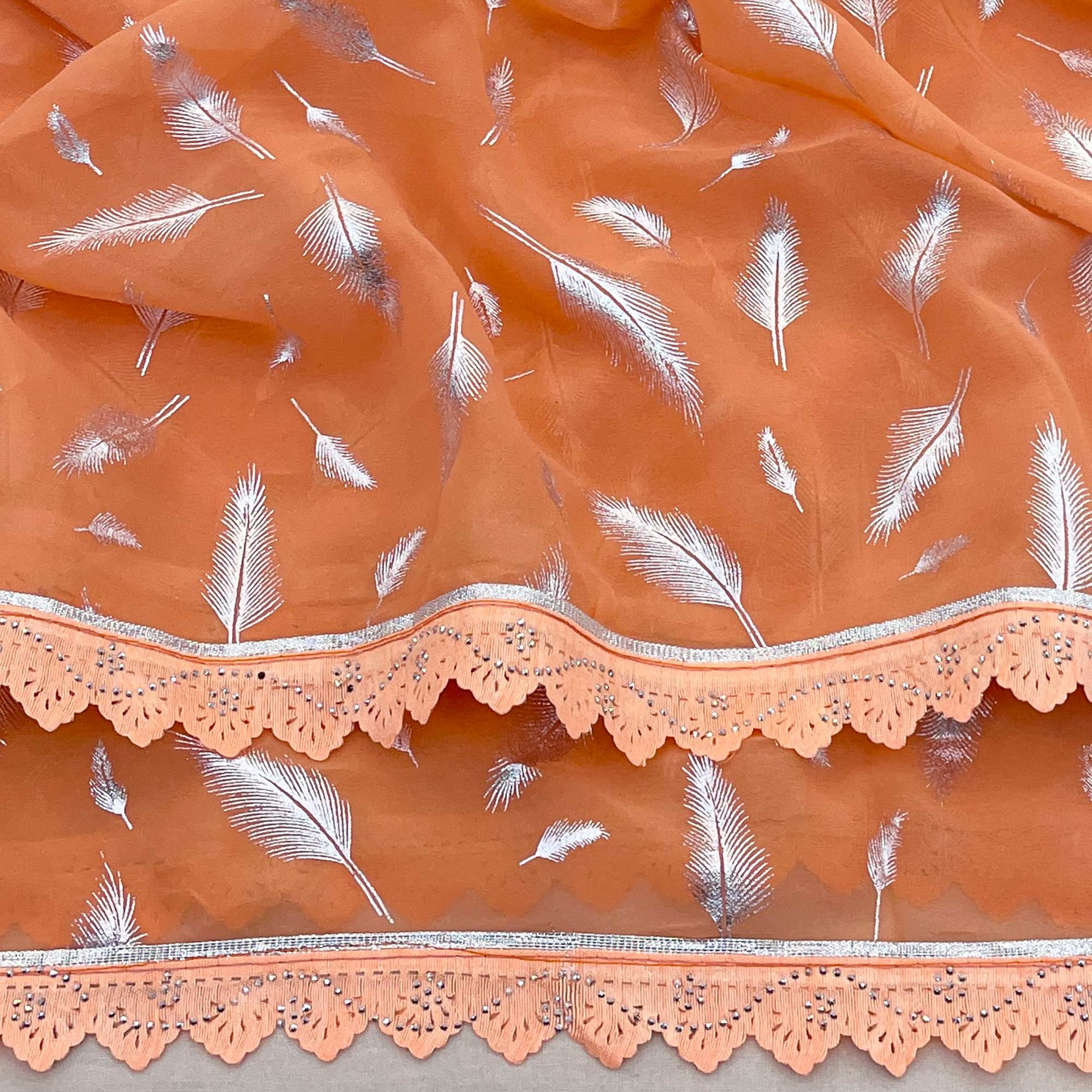 Orange Foil Printed With Swarovski Georgette Saree