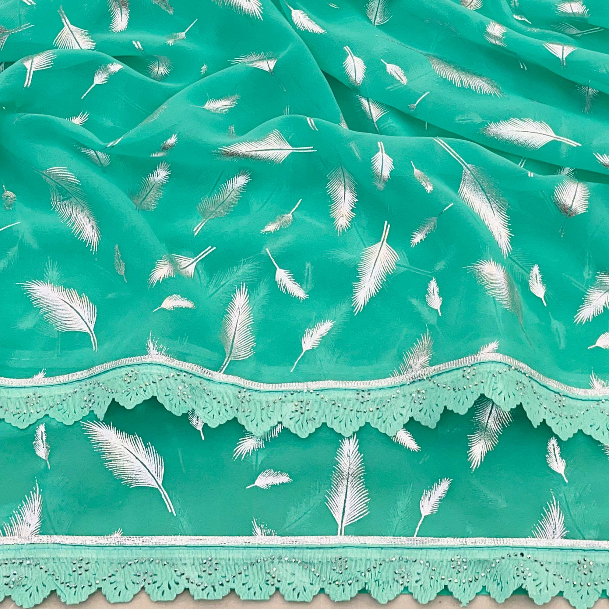 Rama Green Foil Printed With Swarovski Georgette Saree