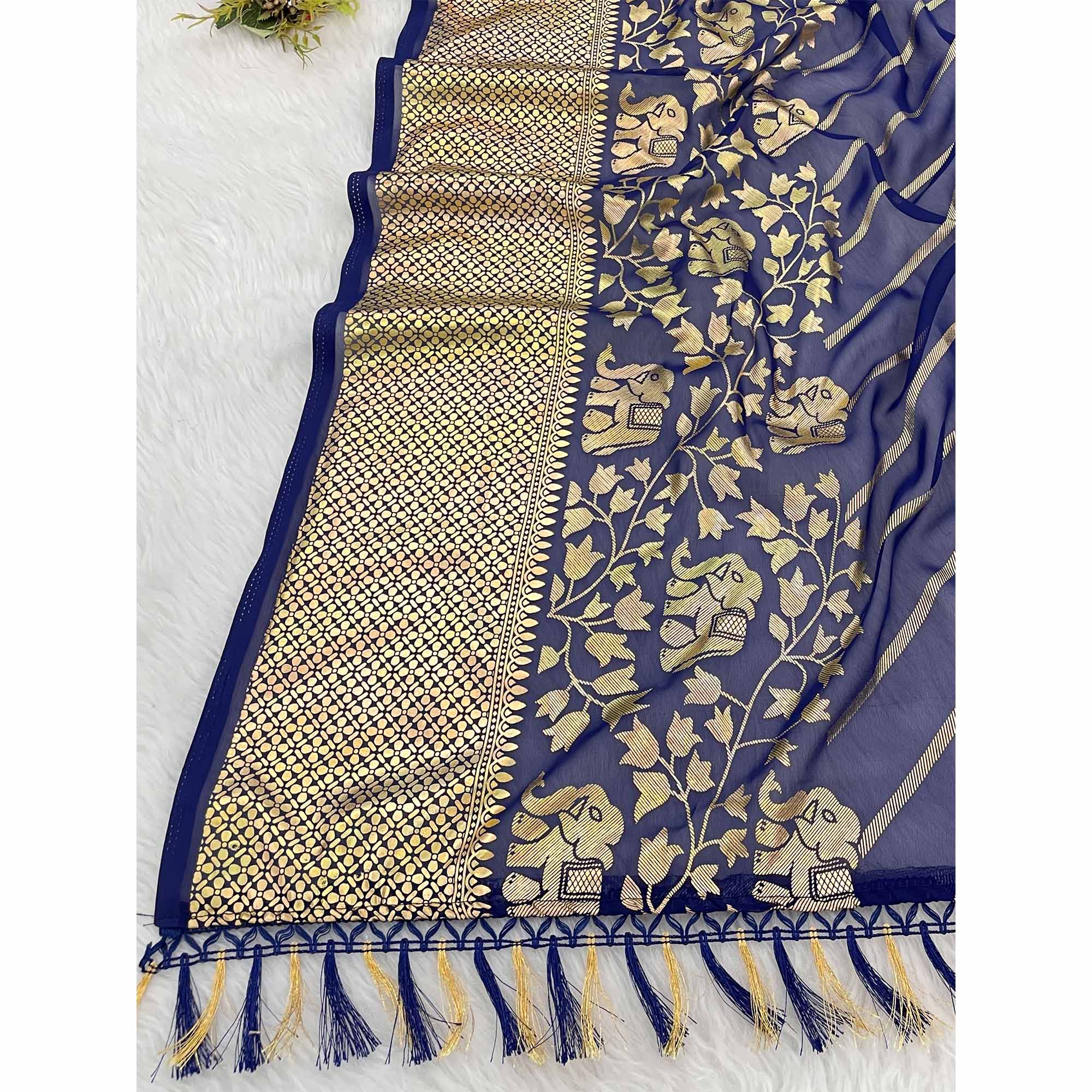 Dark Blue Striped Foil Printed Georgette Saree With Tassels