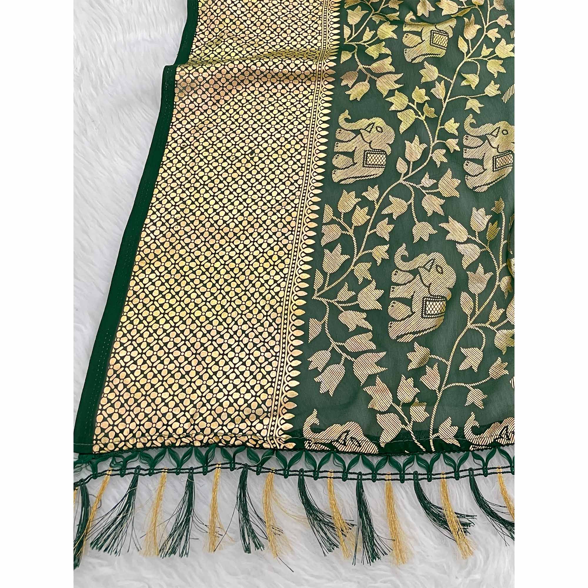 Dark Green Striped Foil Printed Georgette Saree With Tassels